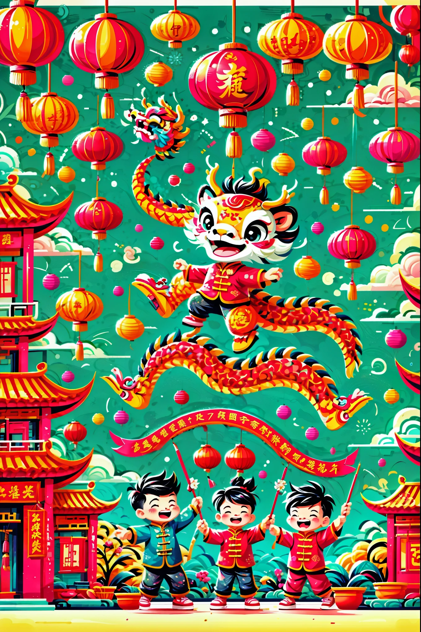 A dynamic and joyful vector-style illustration celebrating the Chinese Lunar New Year. The scene is alive with children playing happily, surrounded by fireworks, firecrackers, and a lion dance performance. The children are dressed in traditional Chinese attire, laughing and holding festive items like lanterns and red envelopes. The background is bustling with decorations typical for the Spring Festival, such as red lanterns and couplets. The atmosphere is festive and colorful, embodying the spirit of Chinese New Year with traditional and cultural elements. The setting is a busy town square with modern Chinese rural architecture