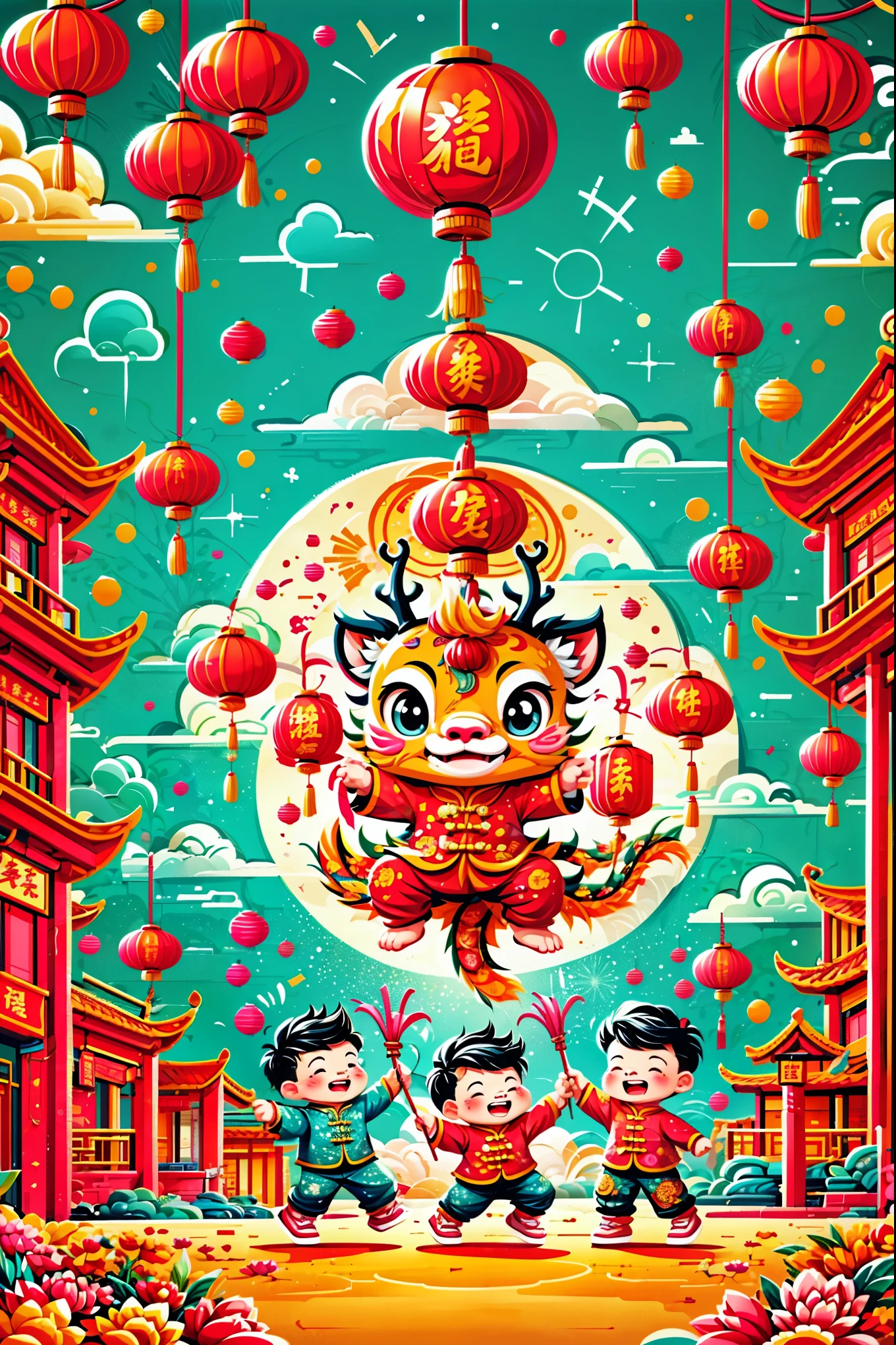 A dynamic and joyful vector-style illustration celebrating the Chinese Lunar New Year. The scene is alive with children playing happily, surrounded by fireworks, firecrackers, and a lion dance performance. The children are dressed in traditional Chinese attire, laughing and holding festive items like lanterns and red envelopes. The background is bustling with decorations typical for the Spring Festival, such as red lanterns and couplets. The atmosphere is festive and colorful, embodying the spirit of Chinese New Year with traditional and cultural elements. The setting is a busy town square with modern Chinese rural architecture