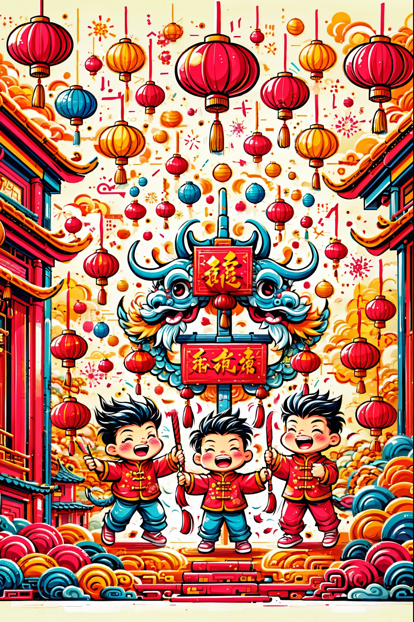 A dynamic and joyful vector-style illustration celebrating the Chinese Lunar New Year. The scene is alive with children playing happily, surrounded by fireworks, firecrackers, and a lion dance performance. The children are dressed in traditional Chinese attire, laughing and holding festive items like lanterns and red envelopes. The background is bustling with decorations typical for the Spring Festival, such as red lanterns and couplets. The atmosphere is festive and colorful, embodying the spirit of Chinese New Year with traditional and cultural elements. The setting is a busy town square with modern Chinese rural architecture