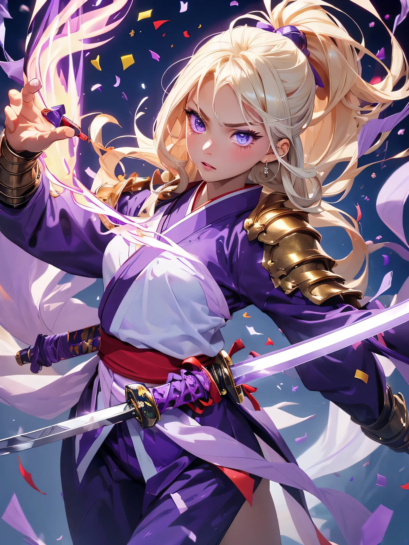 Overlord high resolution:1.7, incredibly absurdres, kawaii:1, cute:1.5, hires.fix, incredibly fine illustration,8k,masterpiece:1.2,best quality, high quality, exquisite, beautiful, insanely detailed, intricate detailed, extremely detailed, Super Definition, ultra high res, Super Resolution, best aesthetic, ultra detailed:1.5, best quality, perfect face, detailed face, masterpiece:1.2, illustration:1.2, 8k cg wallpaper, stunning art,absurdres,octane render,ultra hires,cute girl, (kunoichi:1.2), blond hair,long hair,intricate eyes,beautiful detailed eyes,symmetrical eyes,(wide eyes:1.4,big green eyes,enchanting bright eyes studded with gold and silver dust,wet crystal eyes),(finely detailed beautiful eyes),(((pinky skin,glowing_skin,lustrous skin:1.5,bright skin: 1.5,skin tanned,shiny skin,very shiny skin,shiny body,plastic glitter skin,exaggerated shiny skin,illuminated skin))),upward breasts,(detailed body,(detailed face)),lean body,waist slender,leg slender,best relationship with four fingers and one thumb,(Japanese clothes),kimono,ninja, (kunoichi uniform), (gauntlet:1.2), (greave:1.2), (gaiter:1.2), (purple flame:1.5), (red fire:1.5), (holding white flame sword:1.5), (holding blue energy sword:1.3), (purple flame katana:1.3), (swing a purple flame sword:1.3),
battle,fight,(action pose: 1.4),(vengeful spirit come's attack), (vs vengeful spirit),(purple confetti:1.5),(cave),tentacles,dungeon,(dutch angle),dark mystic ruins