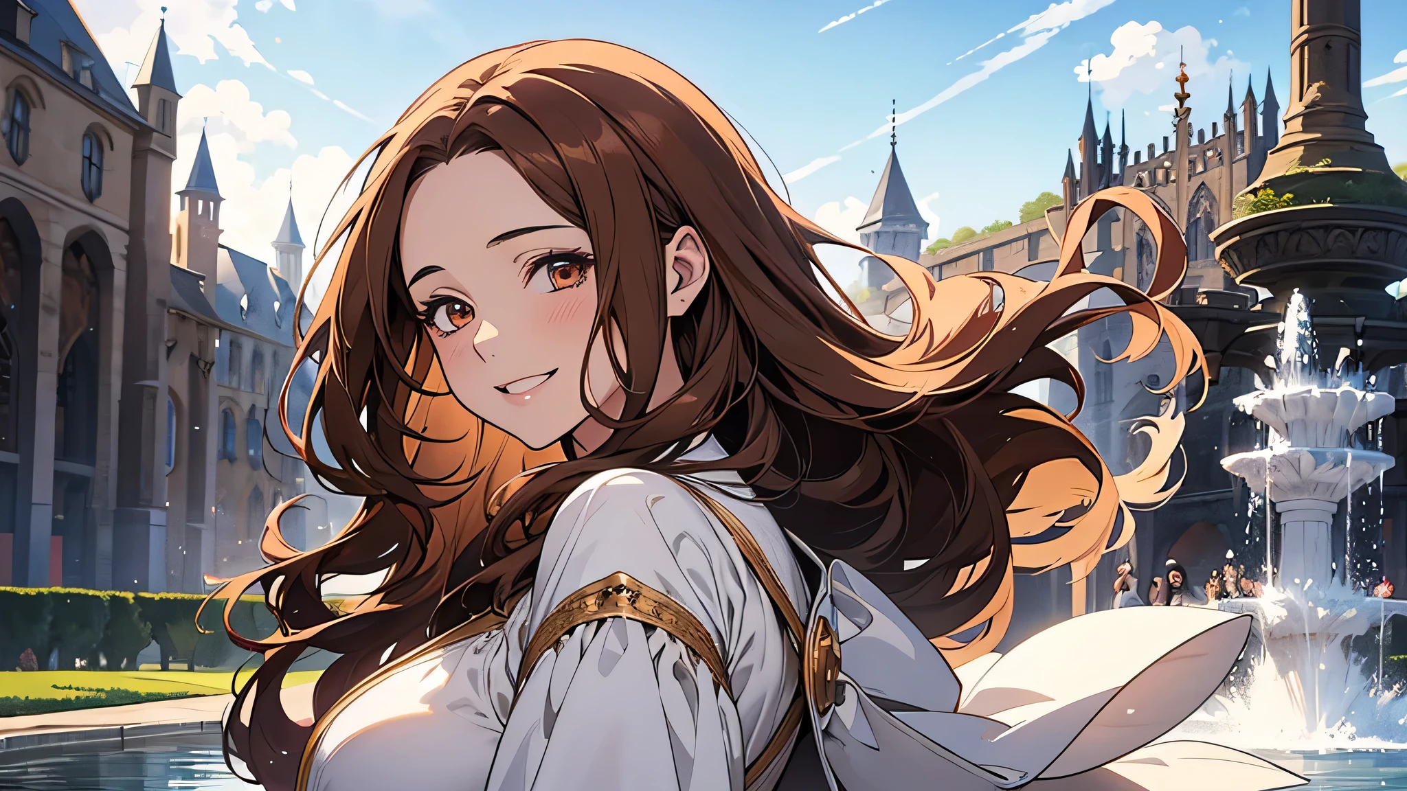 beautiful girl, thick brown hair, brown eyes, plump lips, face detailed, Clear facial expressions,Detailed digital anime art,digital anime art,High quality anime art style,medieval times, wearing white gown, in fountain, blue sky, happy face, smile face