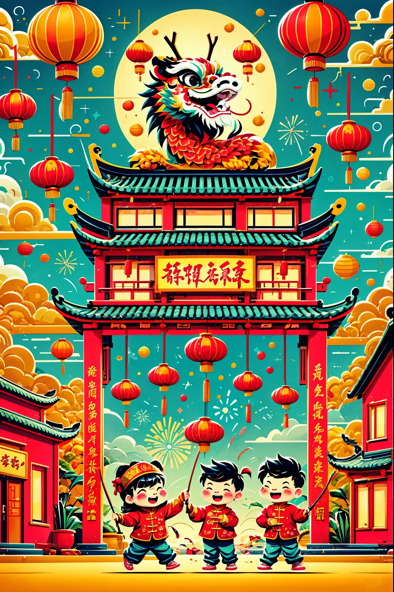 A dynamic and joyful vector-style illustration celebrating the Chinese Lunar New Year. The scene is alive with children playing happily, surrounded by fireworks, firecrackers, and a lion dance performance. The children are dressed in traditional Chinese attire, laughing and holding festive items like lanterns and red envelopes. The background is bustling with decorations typical for the Spring Festival, such as red lanterns and couplets. The atmosphere is festive and colorful, embodying the spirit of Chinese New Year with traditional and cultural elements. The setting is a busy town square with modern Chinese rural architecture