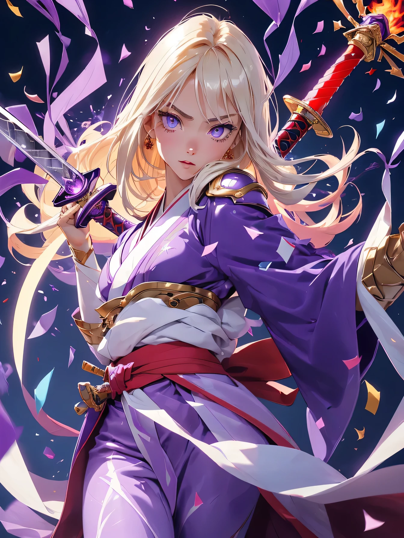 Overlord high resolution:1.7, incredibly absurdres, kawaii:1, cute:1.5, hires.fix, incredibly fine illustration,8k,masterpiece:1.2,best quality, high quality, exquisite, beautiful, insanely detailed, intricate detailed, extremely detailed, Super Definition, ultra high res, Super Resolution, best aesthetic, ultra detailed:1.5, best quality, perfect face, detailed face, masterpiece:1.2, illustration:1.2, 8k cg wallpaper, stunning art,absurdres,octane render,ultra hires,cute girl, (kunoichi:1.2), blond hair,long hair,intricate eyes,beautiful detailed eyes,symmetrical eyes,(wide eyes:1.4,big green eyes,enchanting bright eyes studded with gold and silver dust,wet crystal eyes),(finely detailed beautiful eyes),(((pinky skin,glowing_skin,lustrous skin:1.5,bright skin: 1.5,skin tanned,shiny skin,very shiny skin,shiny body,plastic glitter skin,exaggerated shiny skin,illuminated skin))),upward breasts,(detailed body,(detailed face)),lean body,waist slender,leg slender,best relationship with four fingers and one thumb,(Japanese clothes),kimono,ninja, (kunoichi uniform), (gauntlet:1.2), (greave:1.2), (gaiter:1.2), (purple flame:1.5), (red fire:1.5), (holding white flame sword:1.5), (holding blue energy sword:1.3), (purple flame katana:1.3), (swing a purple flame sword:1.3),
battle,fight,(action pose: 1.4),(vengeful spirit come's attack), (vs vengeful spirit),(purple confetti:1.5),(cave),tentacles,dungeon,(dutch angle),dark mystic ruins