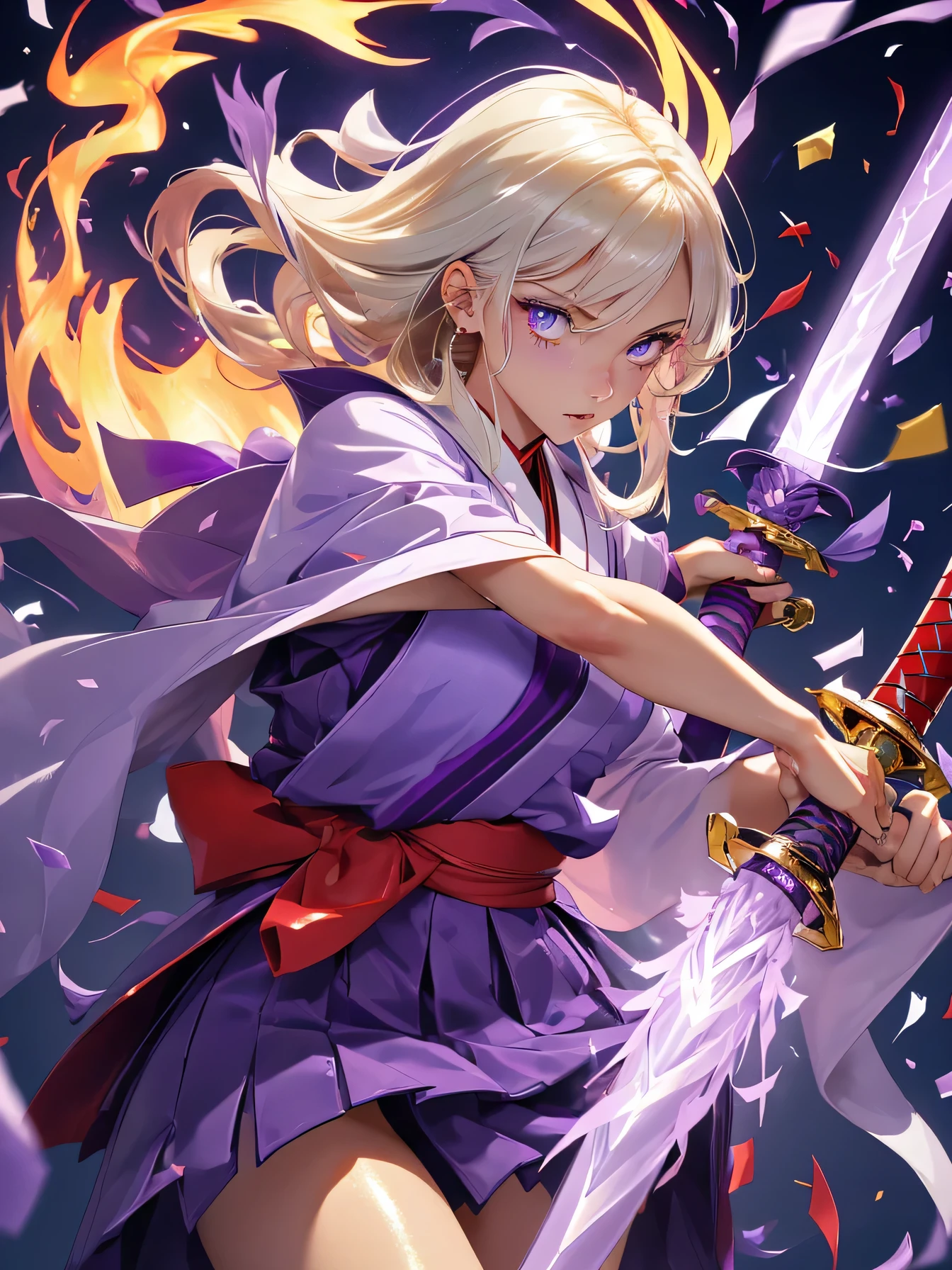 Overlord high resolution:1.7, incredibly absurdres, kawaii:1, cute:1.5, hires.fix, incredibly fine illustration,8k,masterpiece:1.2,best quality, high quality, exquisite, beautiful, insanely detailed, intricate detailed, extremely detailed, Super Definition, ultra high res, Super Resolution, best aesthetic, ultra detailed:1.5, best quality, perfect face, detailed face, masterpiece:1.2, illustration:1.2, 8k cg wallpaper, stunning art,absurdres,octane render,ultra hires,cute girl, (kunoichi:1.2), blond hair,long hair,intricate eyes,beautiful detailed eyes,symmetrical eyes,(wide eyes:1.4,big green eyes,enchanting bright eyes studded with gold and silver dust,wet crystal eyes),(finely detailed beautiful eyes),(((pinky skin,glowing_skin,lustrous skin:1.5,bright skin: 1.5,skin tanned,shiny skin,very shiny skin,shiny body,plastic glitter skin,exaggerated shiny skin,illuminated skin))),upward breasts,(detailed body,(detailed face)),lean body,waist slender,leg slender,best relationship with four fingers and one thumb,(Japanese clothes),kimono,ninja, (kunoichi uniform), (gauntlet:1.2), (greave:1.2), (gaiter:1.2), (purple flame:1.5), (red fire:1.5), (holding white flame sword:1.5), (holding blue energy sword:1.3), (purple flame katana:1.3), (swing a purple flame sword:1.3),
battle,fight,(action pose: 1.4),(vengeful spirit come's attack), (vs vengeful spirit),(purple confetti:1.5),(cave),tentacles,dungeon,(dutch angle),dark mystic ruins