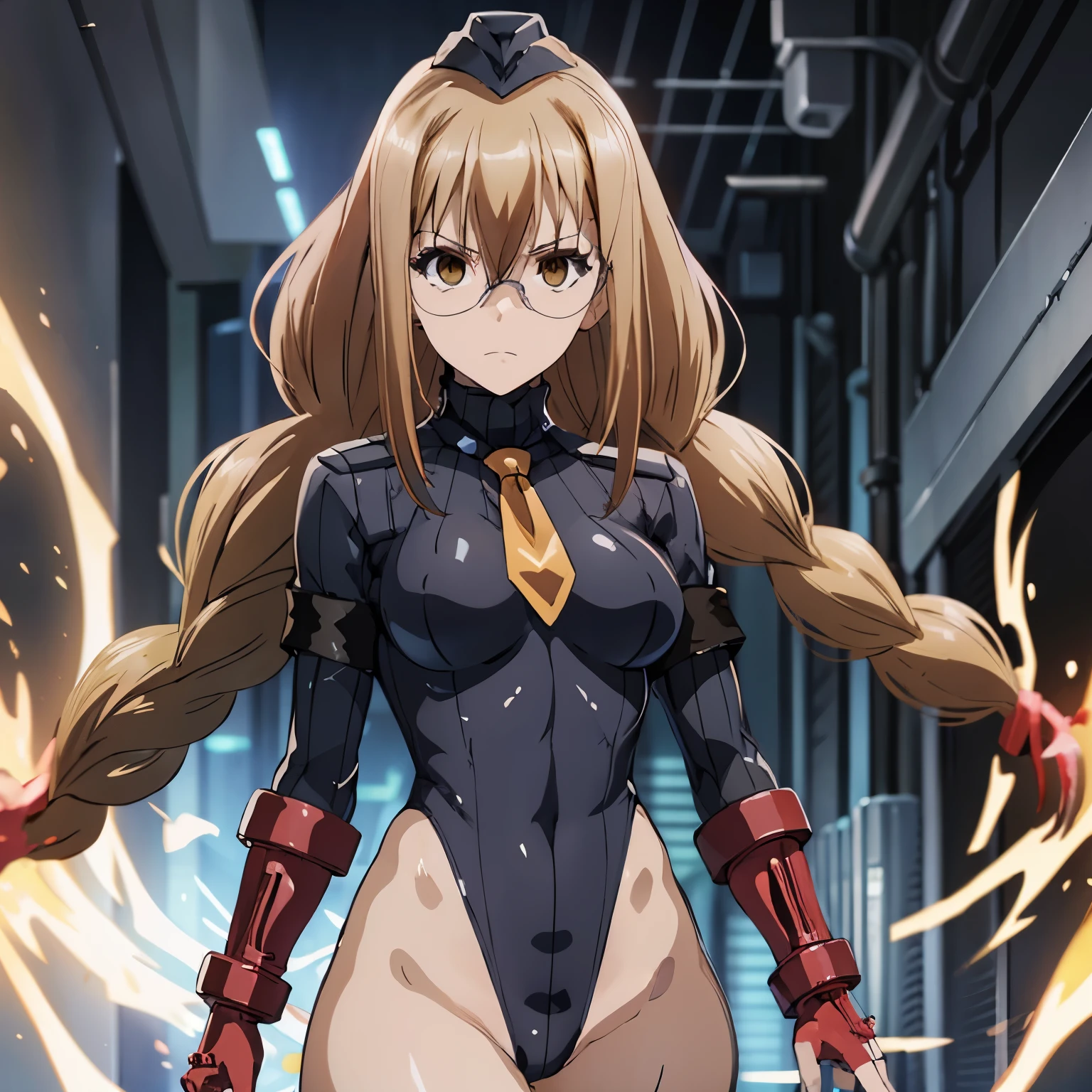 ultra-detailed, Explicit, Beautiful body, Beautiful Nose, Beautiful character design, perfect eyes, perfect face, ultra highres, 4K, beautiful legs, perfect legs, Nice hands, Perfect hand, Masterpiece, Best Quality, Highly detailed, illustration, absurdres, perfect anatomy, street fighter, doll suit, shadaloo doll, dollsuit, expressionless, blank eyes, looking at viewer, red gloves, emotionless, black latex, corrution, mind control, female combatant, full body, hypnotized, unhappy trance, full body suit, ribbed bodysuit, both arms at side, obey, perfect female body, extremely glossy latex, hypnosis, hypnoLora, empty eyes, Mind control device, poses, submissive_pose, Slave, stand up straight, standing, standing at attention, hat, necktie, belt, latex, ribbed bodysuit, thighhighs, garter belt, Fighting Stance, extending the right arm from the shoulder into the air with a straightened hand, military, thigh boots, 1girl, hair ornaments, blonde hair, long hair, amber eyes, (((pixel-perfect, detail-perfect))), solo, 1girl, touka todou, glasses