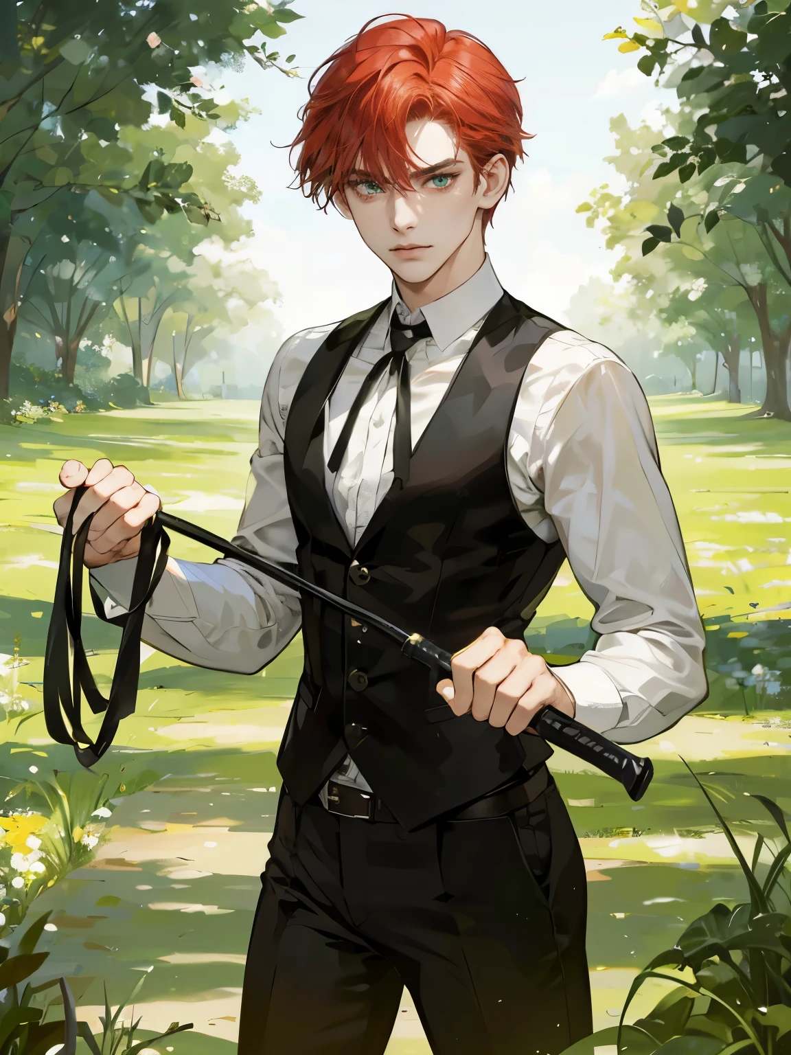 1 boy, handsome male, handsome face, red hair, green eyes, perfect male body, glaring, holding a whip in his hand, serious expression, tsundere, standing in garden, white shirt, tie, black vest, best quality, amazing quality, very aesthetic, absurdres, masterpiece,