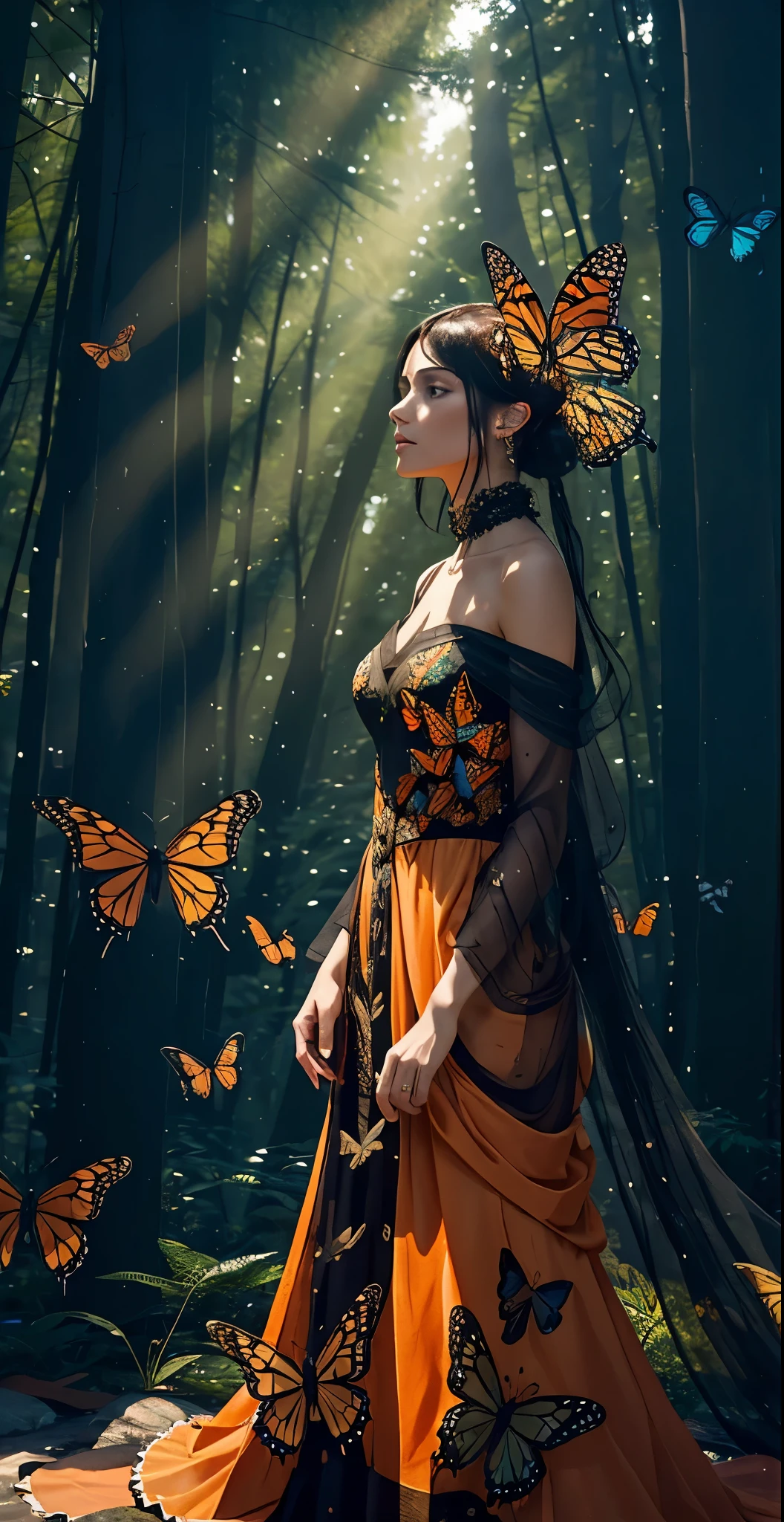 Beautiful dark haired woman covered entirely by millions of Monarch orange black and red butterflies like a second skin a gossamer dress that is almost part of her, covered in butterflies, as if they are coming out of her chest her heart, dappled sun beams through the pine fir forest, hyperdetailed, 64k resolution, Kodak resampled film grain,(((naturally interacting with the environment:1.5))),(((seamless:1.5))),((strong environmental light)),((hard shadows)),(merge realms of the extreme punk in a tapestry of dualities),enigmatic beings with ethereal silhouettes,digital dreamscape.Illuminate the scene with the pulse of a celestial bloom,(casting hues that bridge both cosmic and cybernetic realms).(Blend brushstrokes harmoniously),fusing elements of traditional artistry with glitched fragments of a pixelated mosaic.Embrace asymmetry,where the organic and the synthetic collide in a dynamic composition.(Infuse a shifting timeless vibrant palette).Integrate augmented reality surprises. by Da Vinci