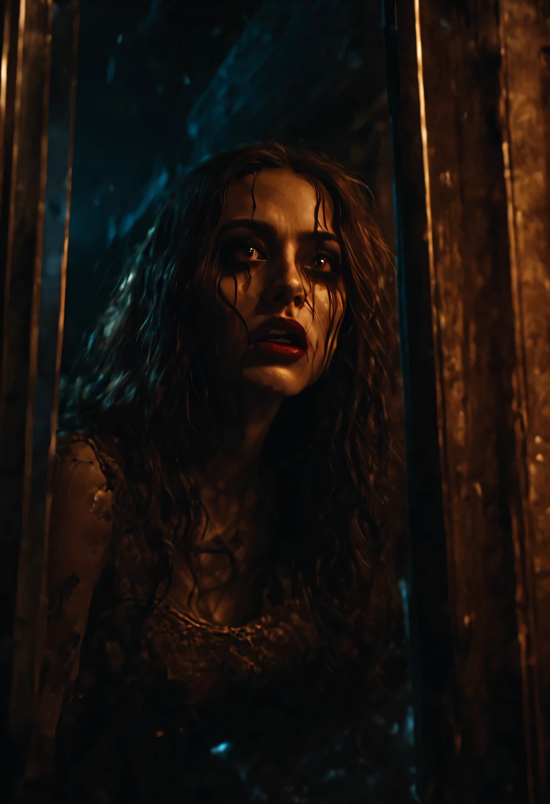 a creepy beautiful girl on the city street, at night, reflection of a scared girl on the coffee shop mirror, scary scene, dark movie, perfect composition, beautiful detailed intricate insanely detailed, 8k artistic photography, photorealistic concept art, cinematic perfect light.