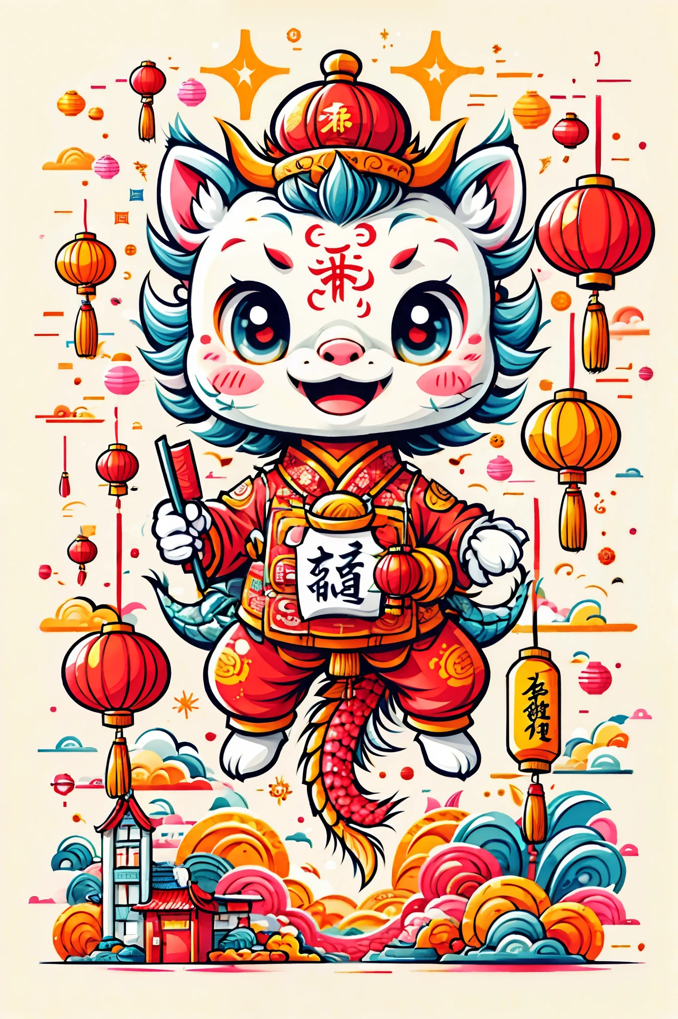 Professional t-shirt design vector, truly impressive, 8k, ultra high definition, Cute style illustration of young chinese dragon, Wearing traditional New Year&#39;s clothing, Including Chinese officials’ hats, Vincent van Gogh《starry night》style of. Cute dragon bowing while holding red envelope. The festive background incorporates Chinese New Year elements such as fireworks, firecracker, and spring couplets. Images should blend with rotation, 活泼可爱的“starry night”风格, whimsical aesthetic.