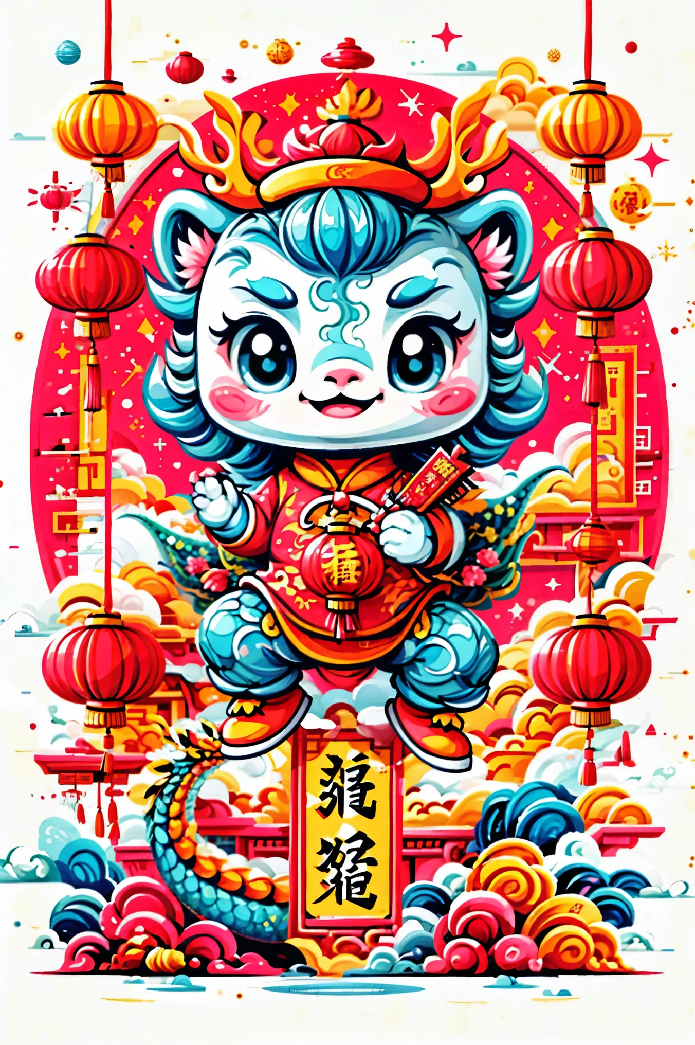 Professional t-shirt design vector, truly impressive, 8k, ultra high definition, Cute style illustration of young chinese dragon, Wearing traditional New Year&#39;s clothing, Including Chinese officials’ hats, Vincent van Gogh《starry night》style of. Cute dragon bowing while holding red envelope. The festive background incorporates Chinese New Year elements such as fireworks, firecracker, and spring couplets. Images should blend with rotation, 活泼可爱的“starry night”风格, whimsical aesthetic.