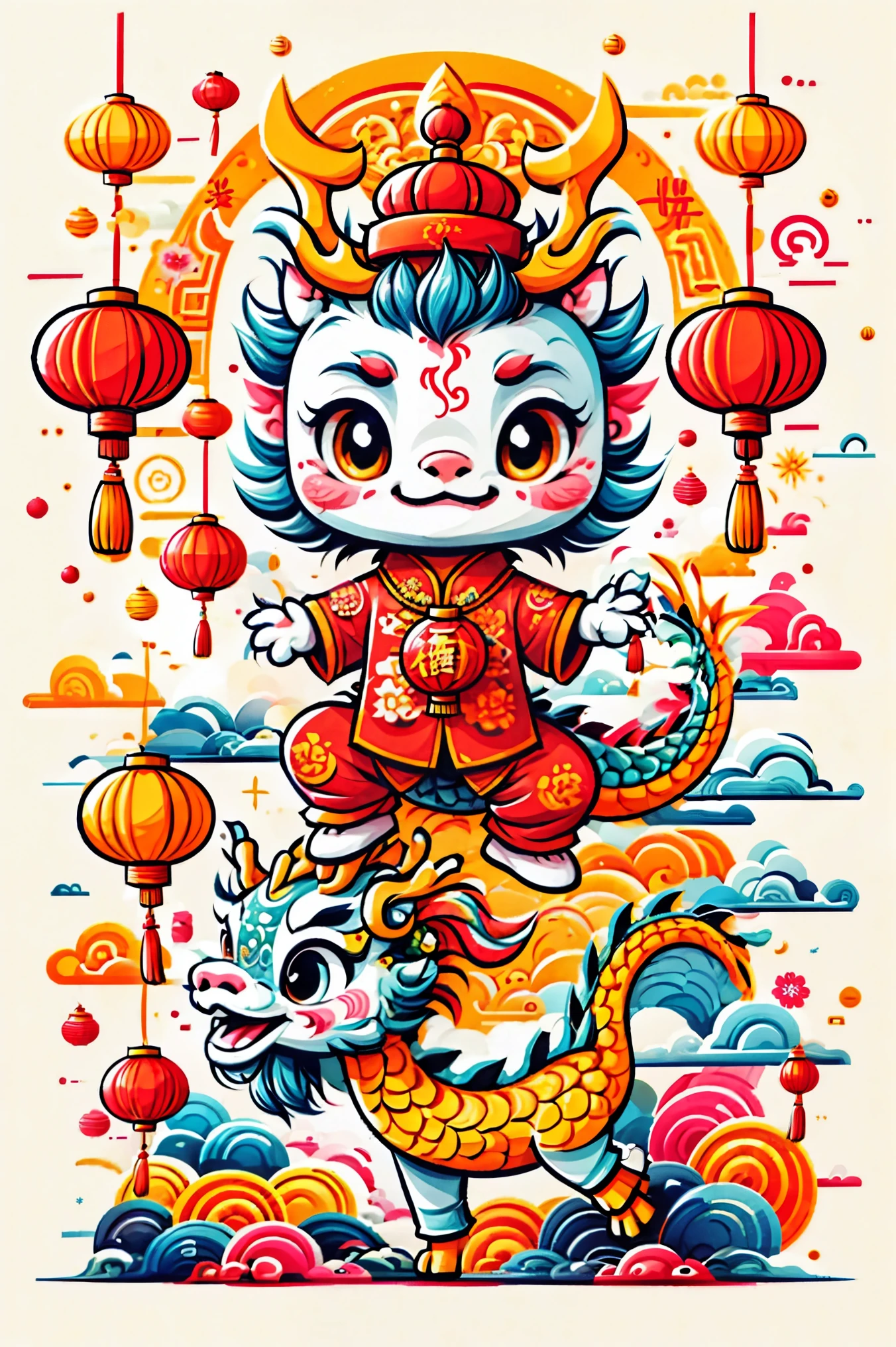 Professional t-shirt design vector, truly impressive, 8k, ultra high definition, Cute style illustration of young chinese dragon, Wearing traditional New Year&#39;s clothing, Including Chinese officials’ hats, Vincent van Gogh《starry night》style of. Cute dragon bowing while holding red envelope. The festive background incorporates Chinese New Year elements such as fireworks, firecracker, and spring couplets. Images should blend with rotation, 活泼可爱的“starry night”风格, whimsical aesthetic.