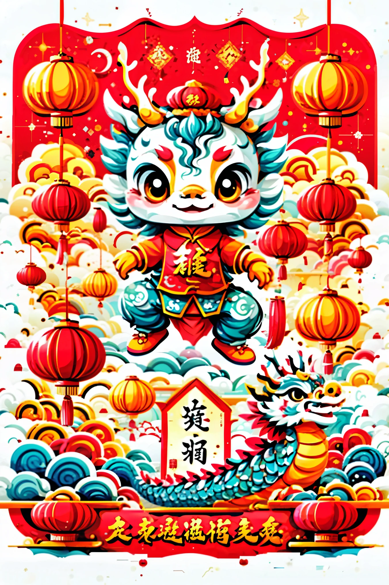 Professional t-shirt design vector, truly impressive, 8k, ultra high definition, Cute style illustration of young chinese dragon, Wearing traditional New Year&#39;s clothing, Including Chinese officials’ hats, Vincent van Gogh《starry night》style of. Cute dragon bowing while holding red envelope. The festive background incorporates Chinese New Year elements such as fireworks, firecracker, and spring couplets. Images should blend with rotation, 活泼可爱的“starry night”风格, whimsical aesthetic.