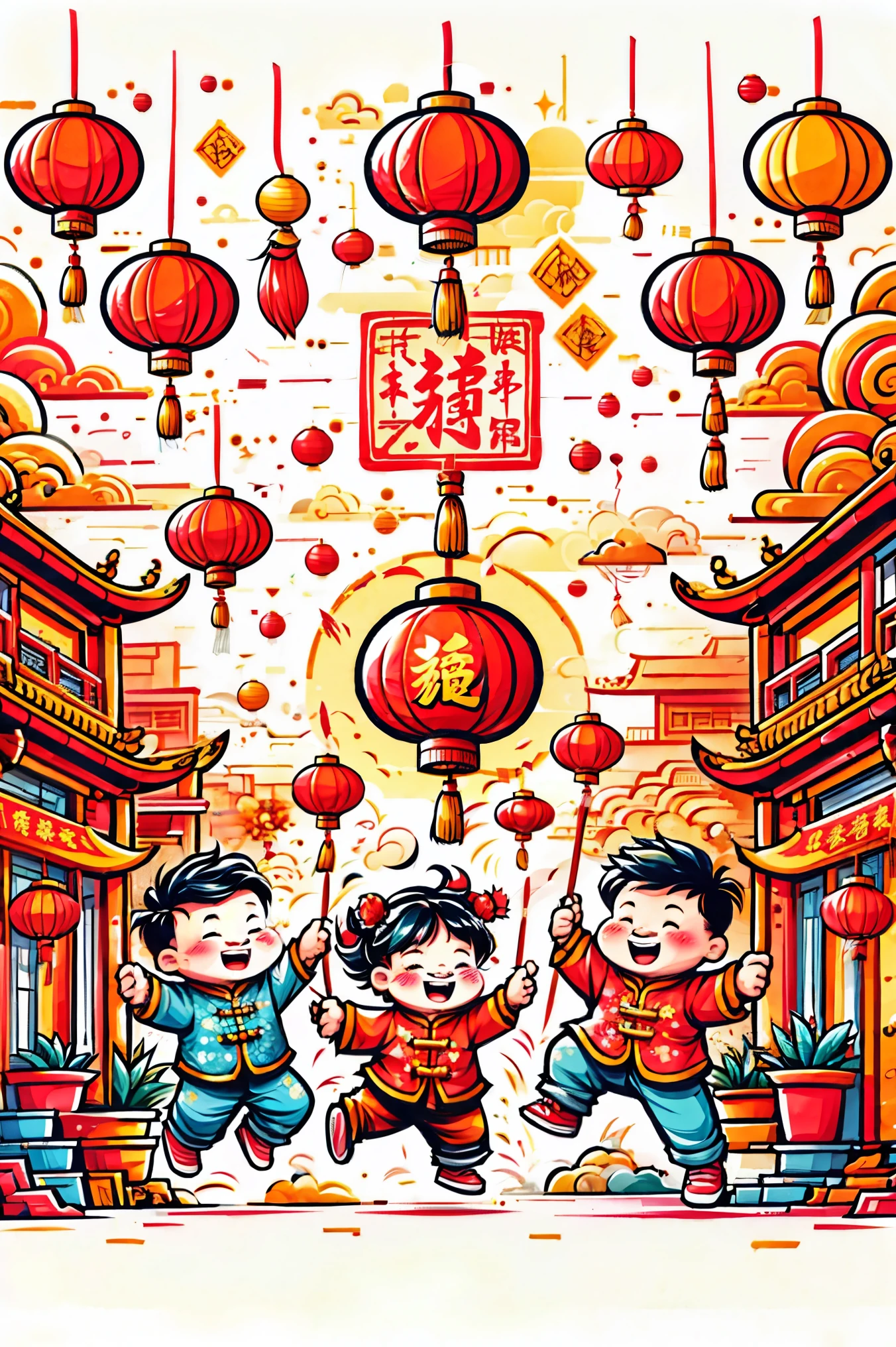 A dynamic and joyful vector-style illustration celebrating the Chinese Lunar New Year. The scene is alive with children playing happily, surrounded by fireworks, firecrackers, and a lion dance performance. The children are dressed in traditional Chinese attire, laughing and holding festive items like lanterns and red envelopes. The background is bustling with decorations typical for the Spring Festival, such as red lanterns and couplets. The atmosphere is festive and colorful, embodying the spirit of Chinese New Year with traditional and cultural elements. The setting is a busy town square with modern Chinese rural architecture