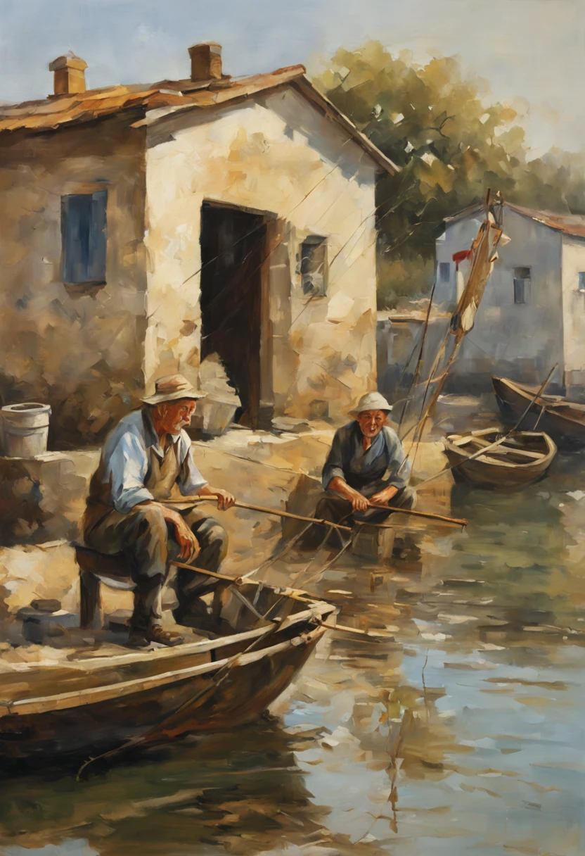 Two old fishermen trying to make a net, a common country town, several old fishing boats, a sunny day, an old house, an afternoon when time seems to have stopped, an oil painting, the best quality picture.