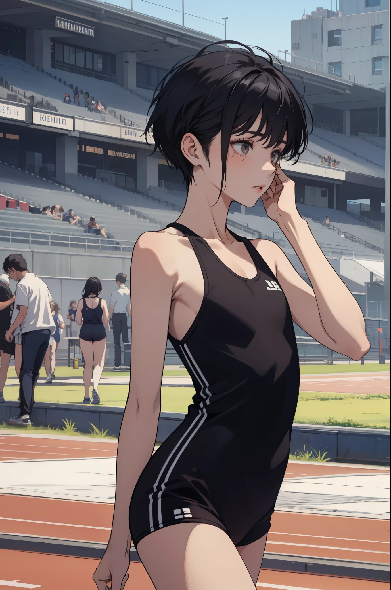 A girl, pixie hairstyle, Front View, Composition from head to thigh, slender, flat chest, One-person viewpoint, pale skin, track team, black hair, pixie haircut