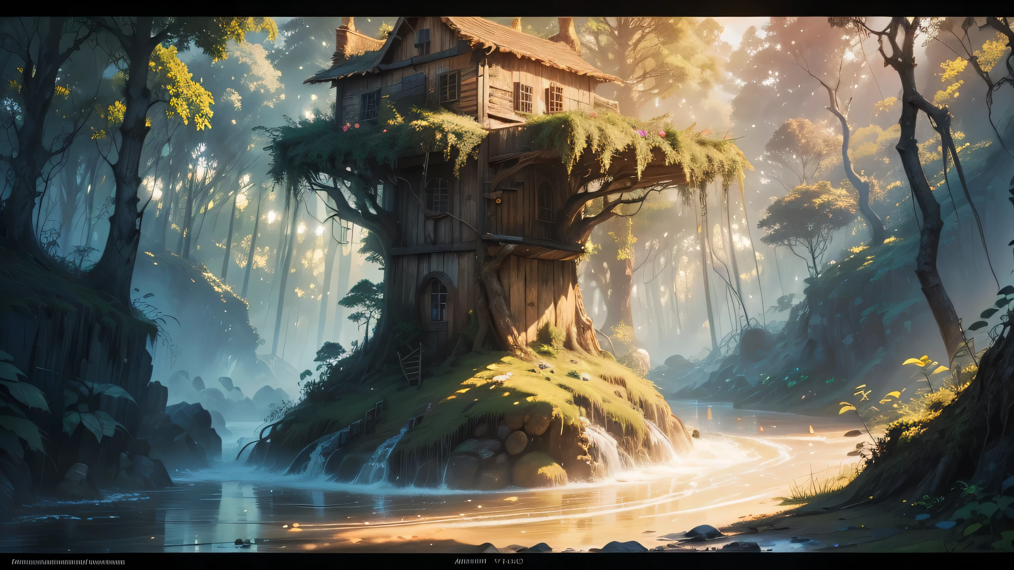 Gigantic colorful trees with many vines, Palmeiras, Coqueiro, fallen logs, a watermill with a waterwheel, moinho de vento, uma cachoeira exuberante, rio com grandes pedras hiper-realistas, sky with clouds, sol, Lua, global illumination, profundidade de campo, Efeito vidro quebrado, sem fundo, splendid, algo que nem existe, Being mythical, energia, molecular, Texturas, iridescente e luminescente, breathtaking beauty, pure perfection, Divine Presence, unforgettable, Impressionante, breathtaking beauty, volumetric light, auras, raios, cores vivas refletemlight, auras, raios, cores vivas refletem, aquarela, oil color, trends on artstation, sharp focus, studio photo, detalhes intrincados, altamente detalhado,