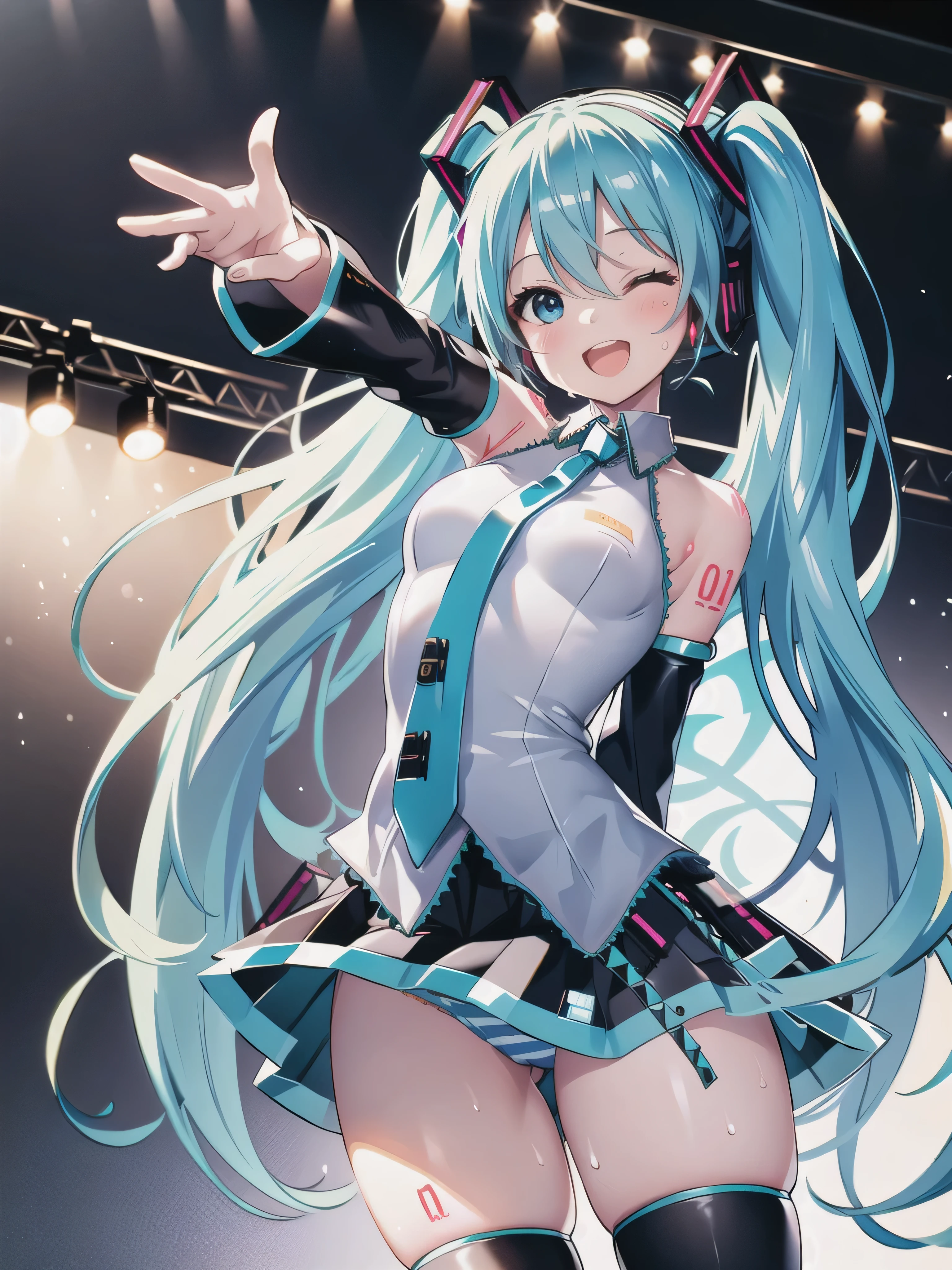 (highest quality, masterpiece, High resolution, Super detailed, fine skin, complicated eyes), 1 girl, (hatsune miku:1.5), (, cute face, cute face), break one eye closed, (open your mouth, smile, sing, blush, Sweat, glowing skin:1.5), (dynamic angle, Reach out on the live stage, colorful lighting:1.9), break (teal twin tall, Teal long twin tall, blue eyes), break (Pure white blouse with blue edges, pure white sleeveless clothes with blue edges, solid white color), break solid blue necktie, break (black separate sleeves, black removable sleeves), break (black pleated skirt, The hem of the skirt is blue), break (fully exposed panties, Blue striped panties, intricate panties, Skirt lifted by the wind:1.4), break (black stockings boots, black stockings) break (huge breasts, huge breasts:1.5), (thin waist, small hips:1.8), (thick thighs:1.8)