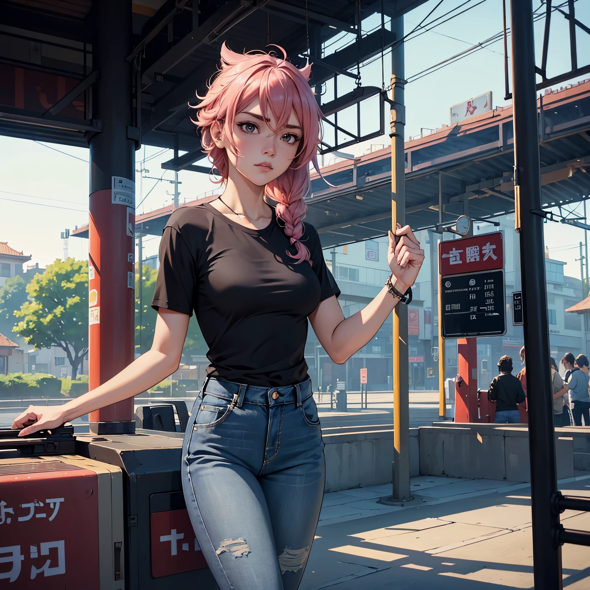 Flame/火焰/loimu，(tmasterpiece), (Best quality at best), (A high resolution), Detailed pubic hair, (Intricate details1.2), (ultra detailed1.4), (Gorgeous digital art 1.2), absurd res, 1个Giant Breast Girl, small, Sam, hair adornments, Alone, with pink hair, (black shirt:1.3), denim pant, (Train station:1.2) jogging, upper legs, Curta,