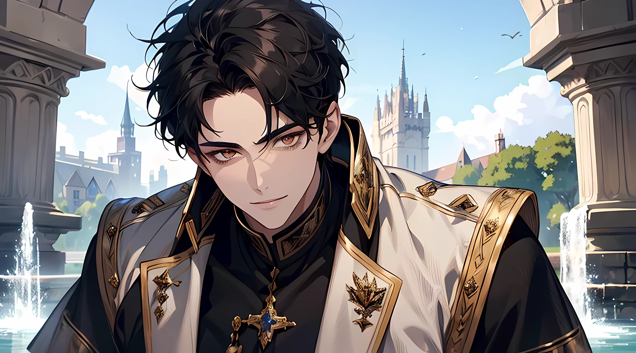 a potrait of 1 man, sharp black short hair, sharp golden eyes, wear white royal uniform, detailed face, plump lips, he is knight of light and very handsome ((20 year old face)), in fountain, medieval times, smile, blue sky, calm face, respected