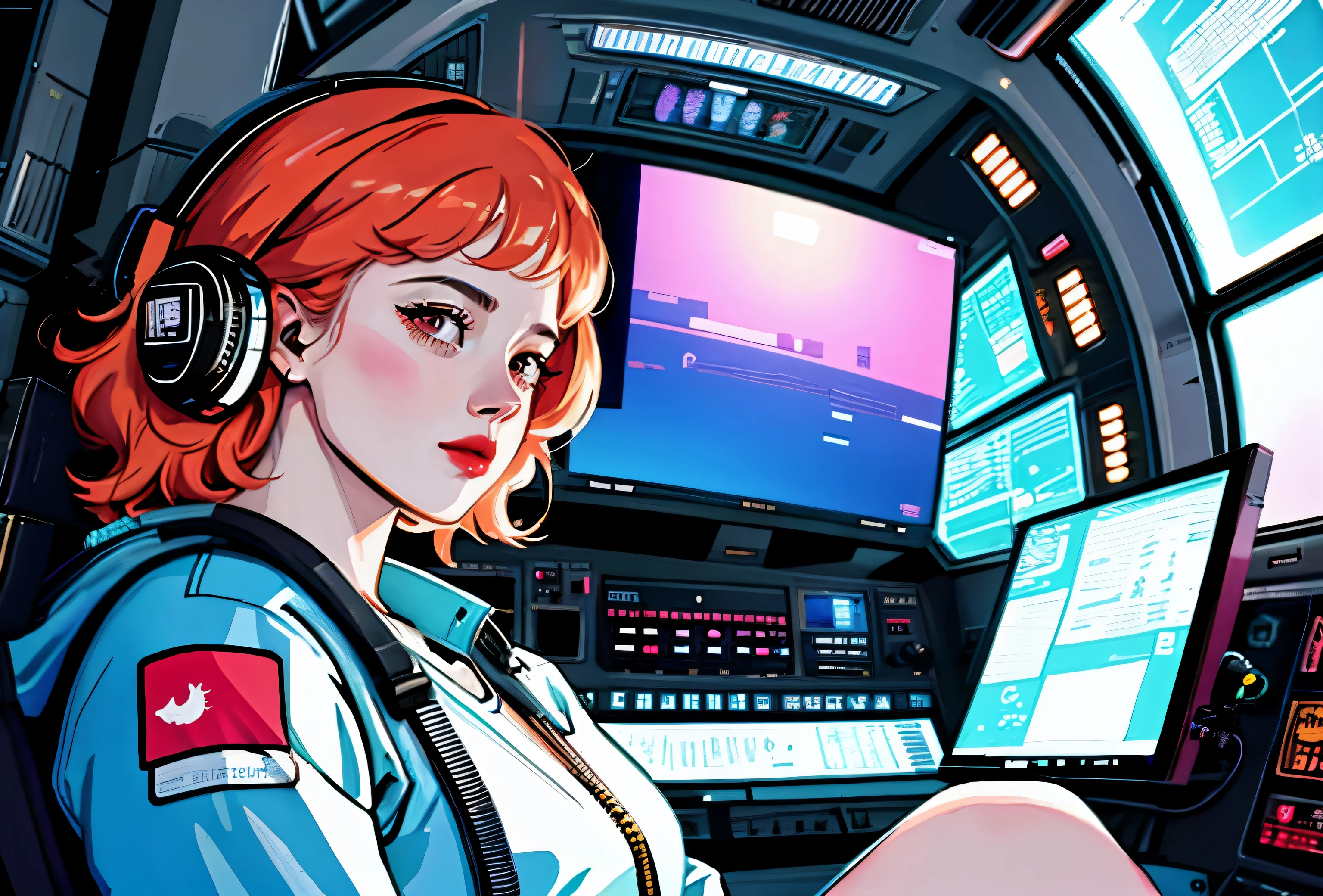 a close-up of a person sitting on a space station, Laurie Greasley, Arte Lofi, Em Estilo de Laurie Greasley, Laurie Greasley e James Jean, no estilo da arte sci-fi dos anos 80, Arte Lofistyle, sci-fi illustrations, sci - fi illustrations, lofi vibes, garota lofi, just a joke, Cabelo longo