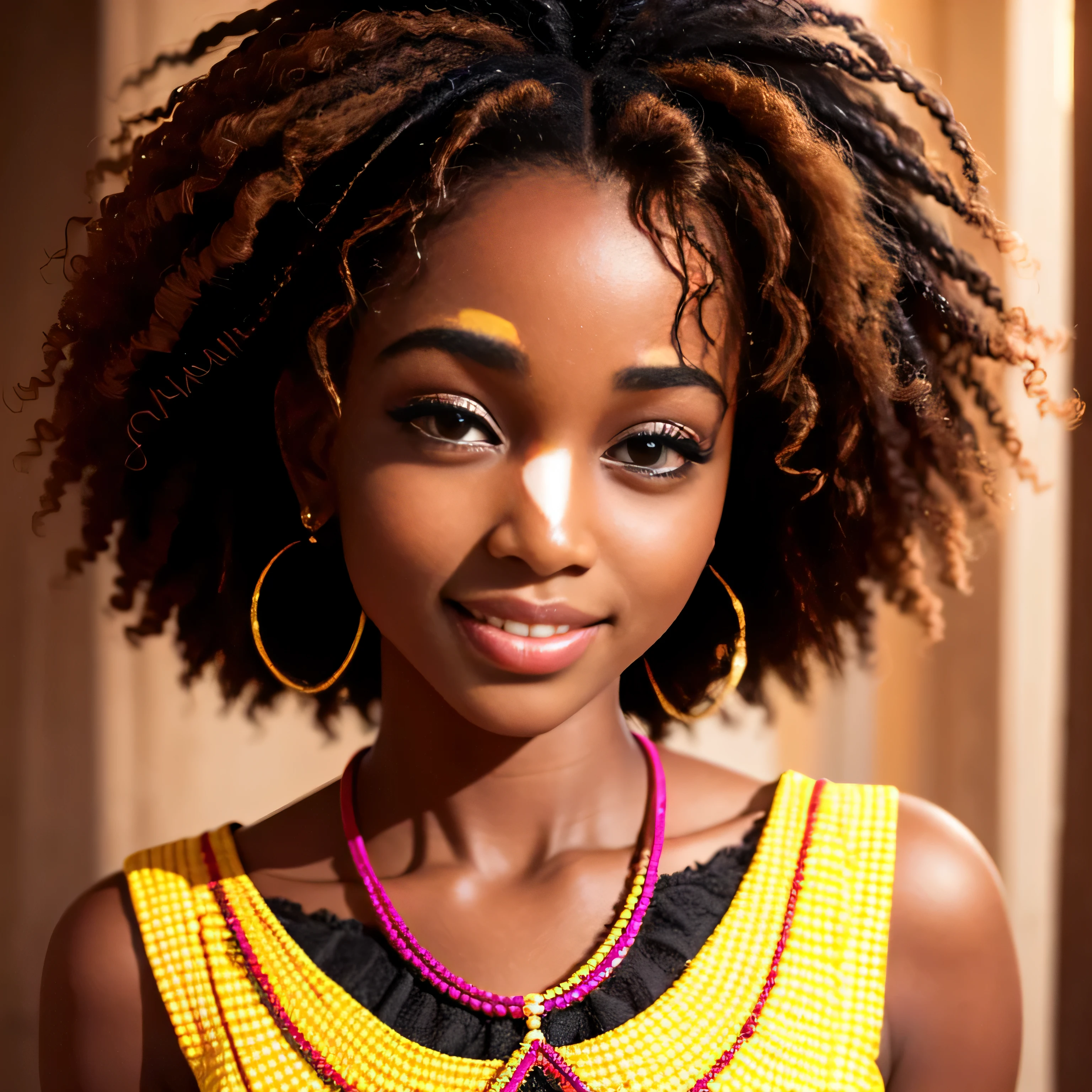 (Une très belle fille africaine),(meilleure qualité,haute résolution),peau foncée détaillée,Expressif,yeux en amande,Lèvres pleines brillantes,cheveux bouclés volumineux,tenue féminine et élégante,couleurs vives et vibrantes,sourire captivant,éclairage naturel et chaleureux,portraits.