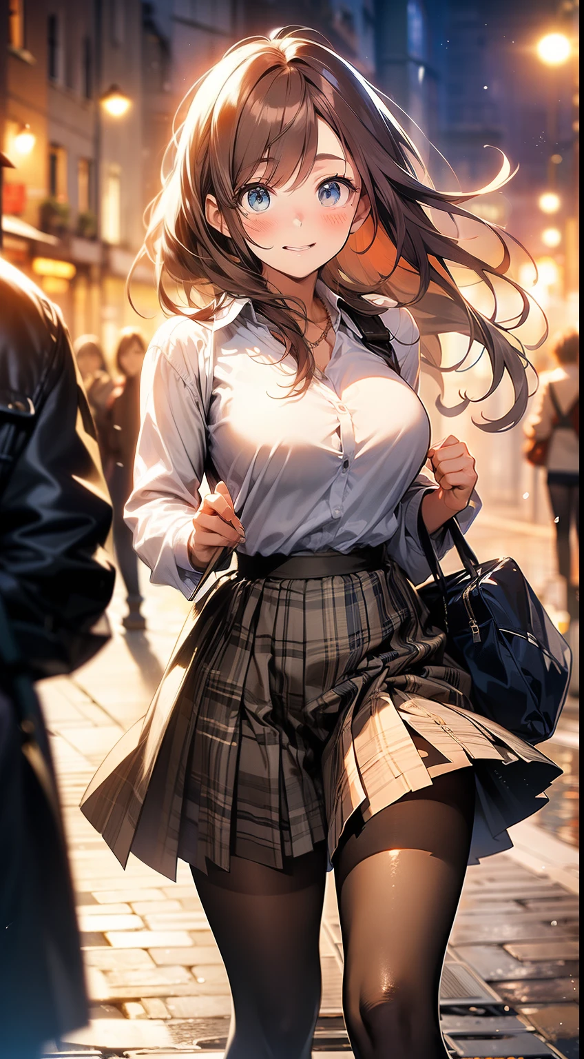 ((masterpiece, best quality, high resolution, ultra high definition, Pixel perfect, depth of field, 4K, RTX, human development report))), 1girl in, single, alone, Beauty、see whole body、 ((long hair, Short Liuhai, reddish brown hair)), ((blue eyes, beautiful eyelashes, realistic eyes)), ((Detailed face, blush:1.2)), ((smooth texture:0.75, lifelike质感:0.65, lifelike:1.1, Anime CG style)), medium breasts, Perfect body, (( White shirt,shirt buttons open,exposing her chest,Plaid skirt,Black tights)), Smile, Tea, (wind blows hair,bare shoulders、exposing her chest、Black tights) , It snows at night