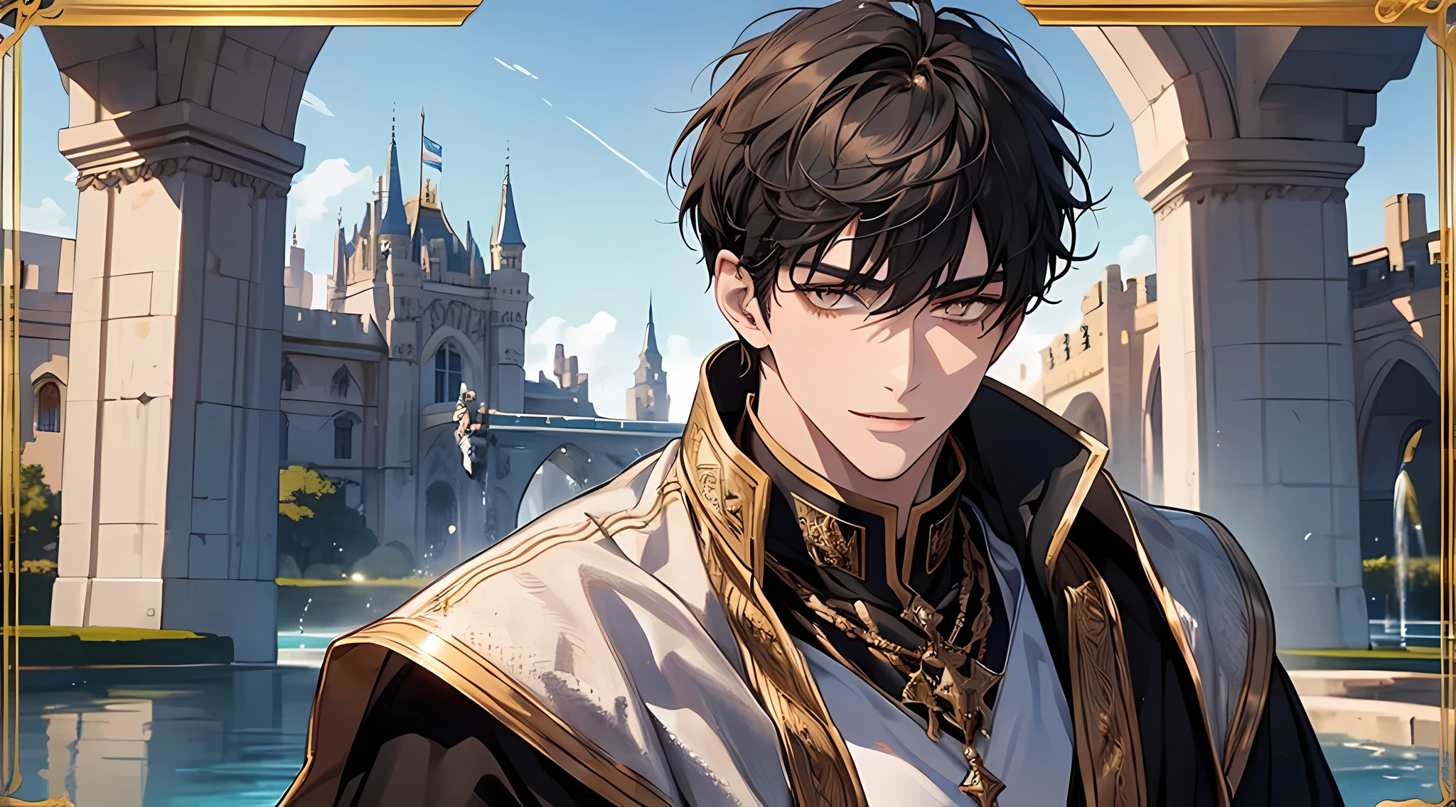 a potrait of 1 man, sharp black short hair, sharp golden eyes, wear white royal uniform, detailed face, plump lips, he is knight of light and very handsome ((20 year old face)), in fountain, medieval times, smile, blue sky, calm face, respected