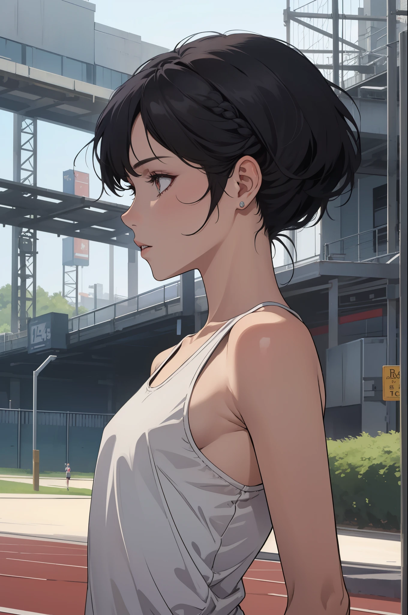 A girl, pixie hairstyle, Front View, slender, flat chest, One-person viewpoint, pale skin, track team, black hair, pixie haircut, profile picture