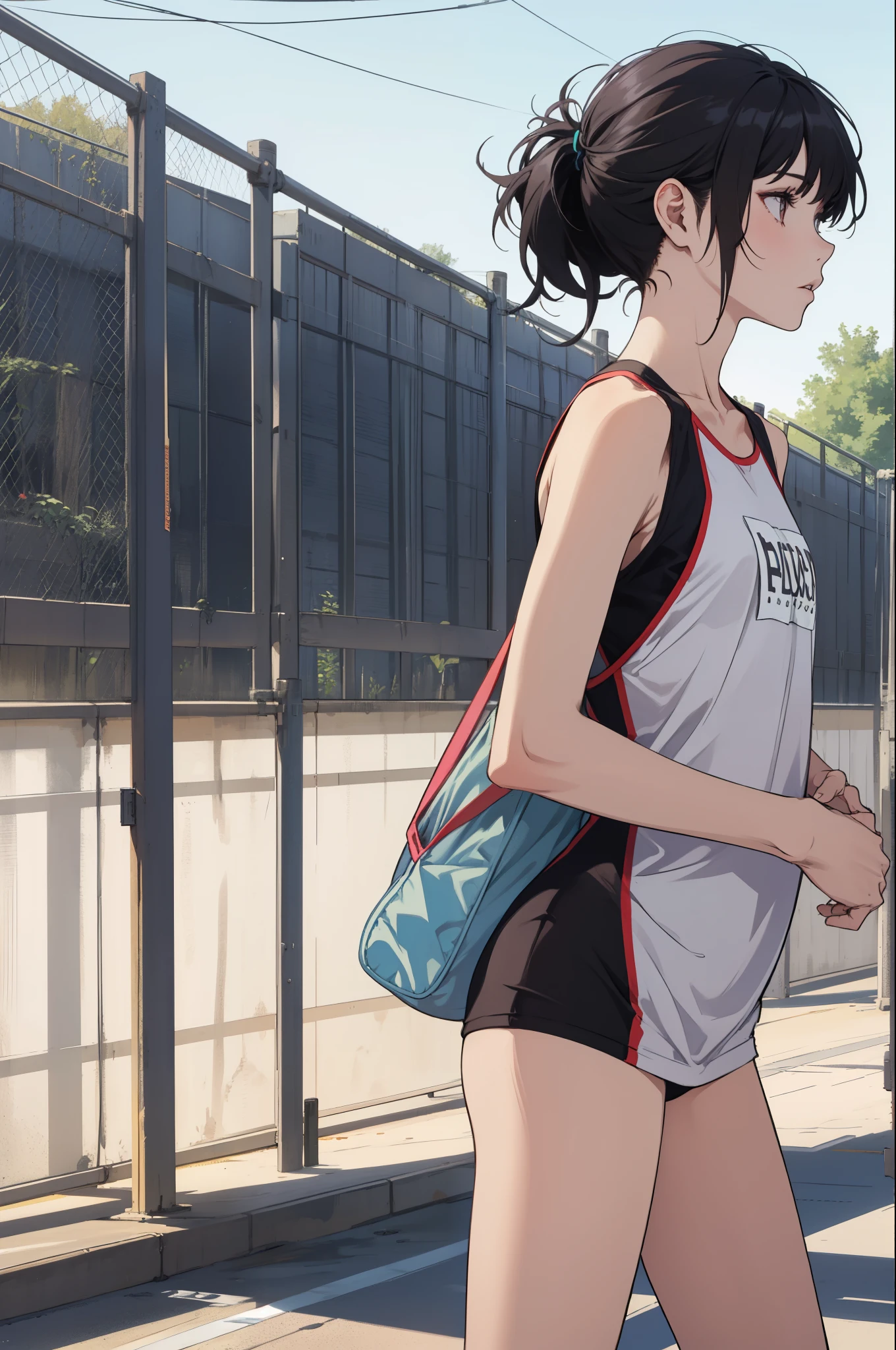 A girl, pixie hairstyle, Front View, slender, flat chest, One-person viewpoint, pale skin, track team, black hair, pixie haircut, profile picture