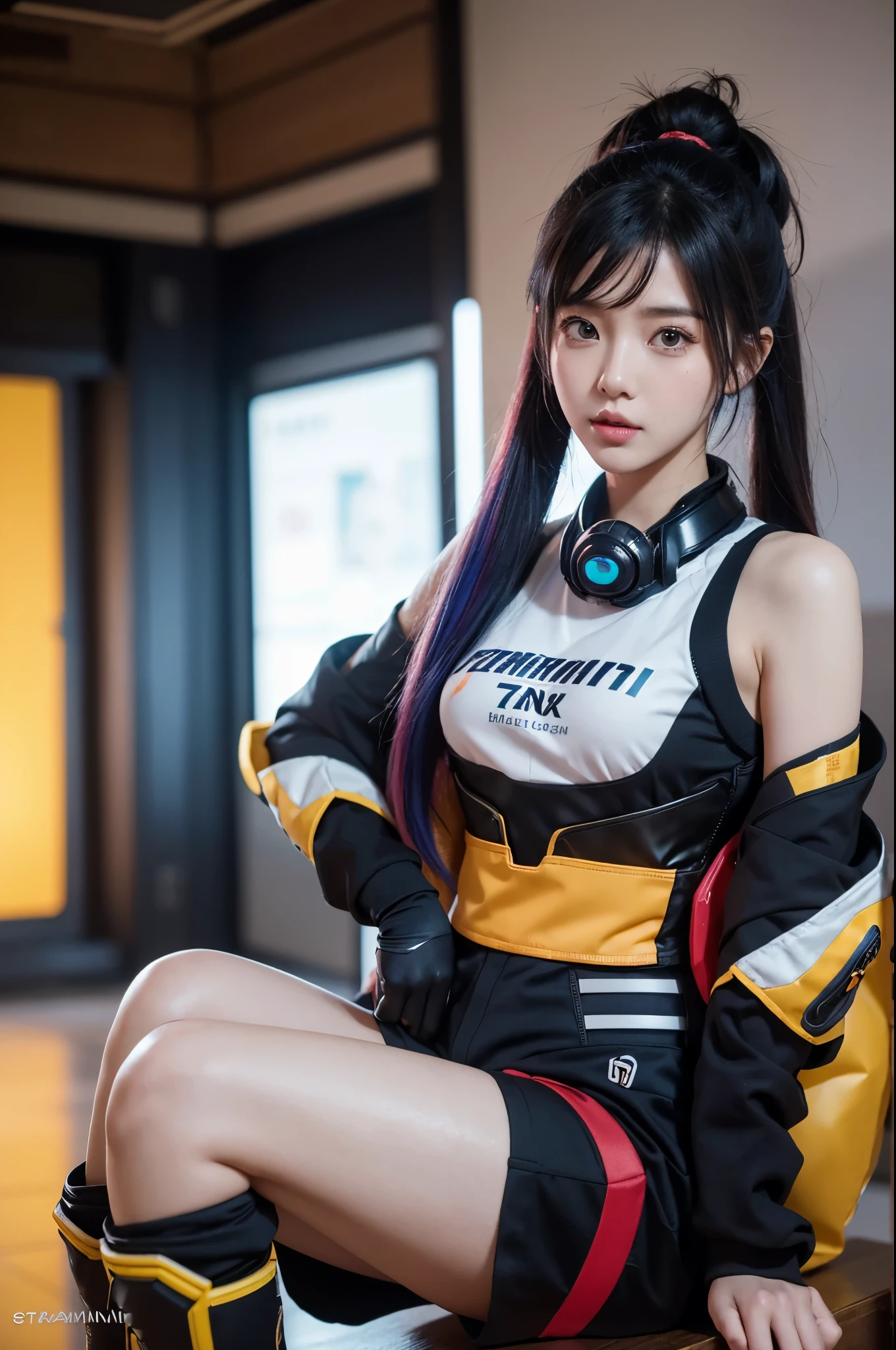 there is a woman in a costume that is posing for a picture, trending at cgstation, korean girl, sakimichan, amouranth, trending on cgstation, sakimichan frank franzzeta, inspired by Leng Mei, (sfw) safe for work, intriguing outfit, makoto shinkai ( apex legends ), as overwatch character, rainbow hair