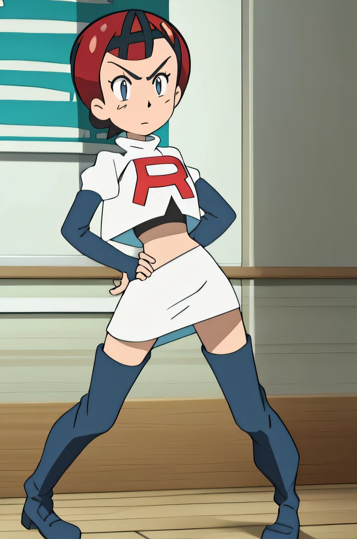 masterpiece, best quality, highres,team rocket uniform, red letter r, white skirt, white crop top, black thigh-high boots, black elbow gloves, glaring angrily, looking at viewer, hands on hips, full body seen, zettai ryouiki
