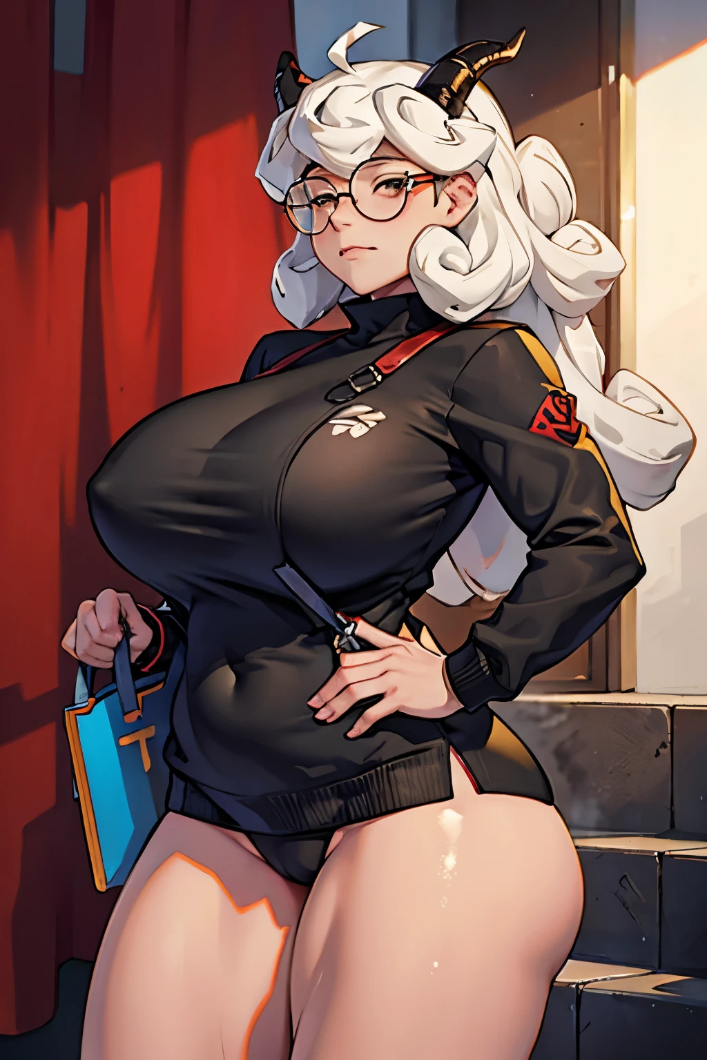 1 girl, , (thick thighs), (big breasts), horns, glasses