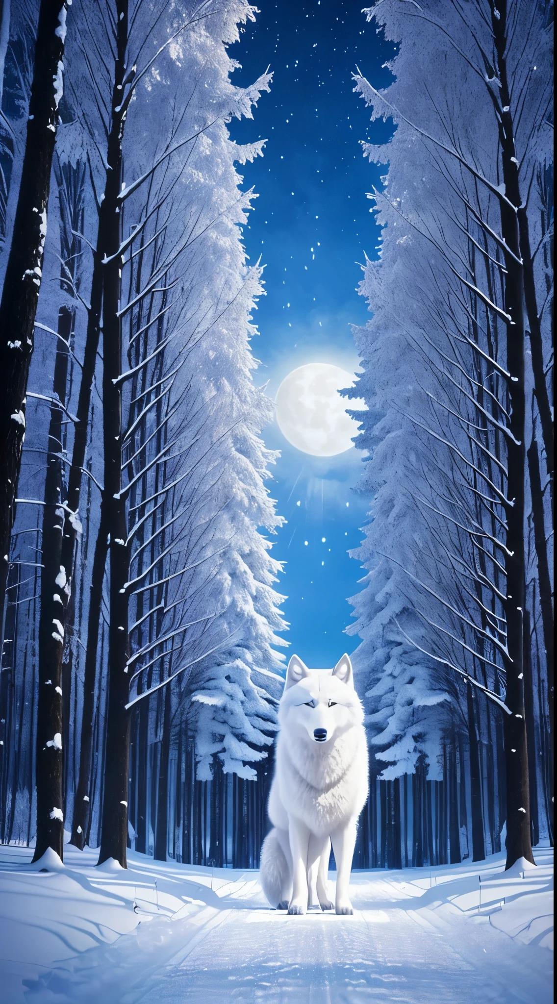 The most beautiful and enchanted wolf spirit, white fur, glowing blue eyes, in the most beautiful enchanted forest, highly detailed, perfect masterpiece, high quality, high resolution, one white wolf
