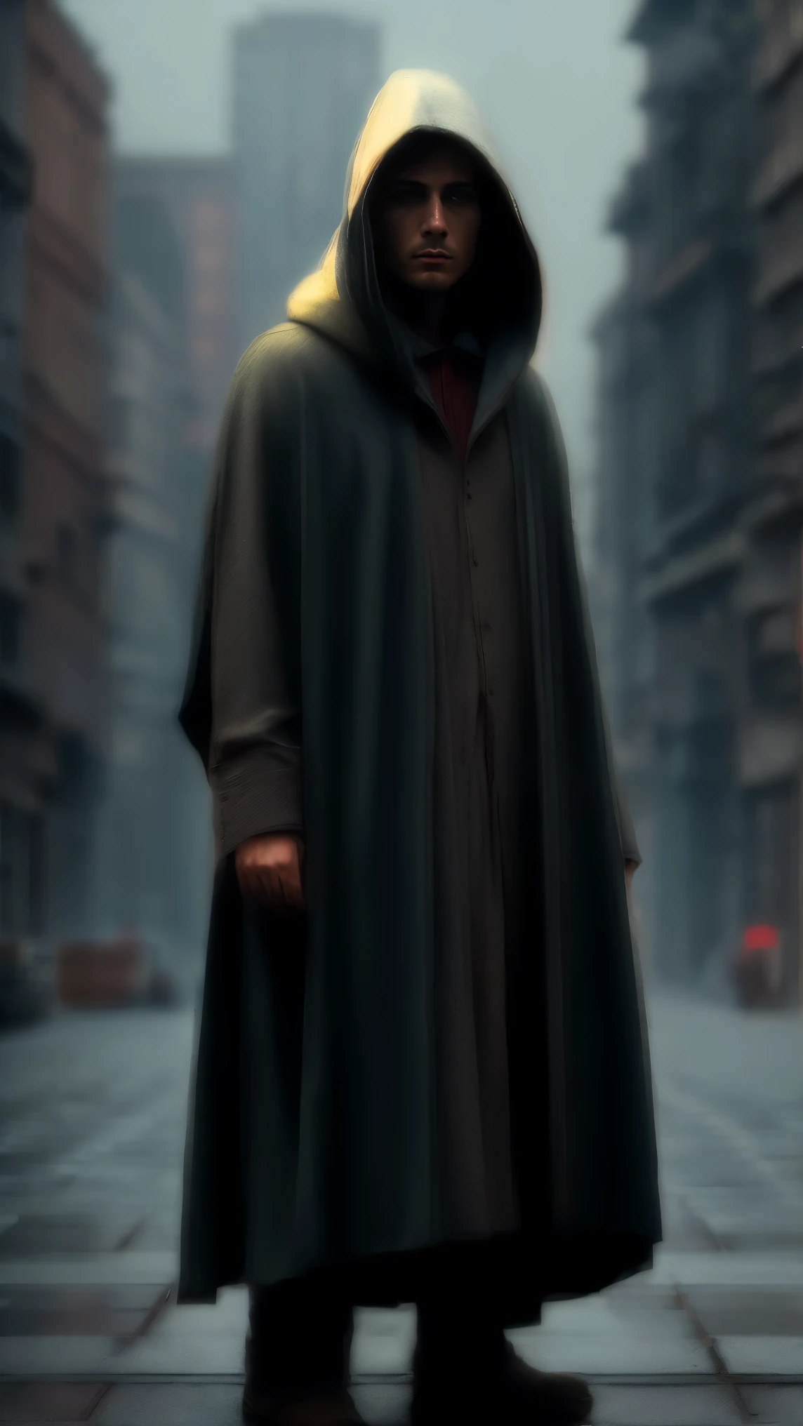 image of a man in a hood, standing in the city, based on Beksinsky, based on Zdzisław Beksiński, inspired by Zdzislaw Beksiński, Beksin style, in style of Zdzisław Beksiński, In the style of Beksinsky