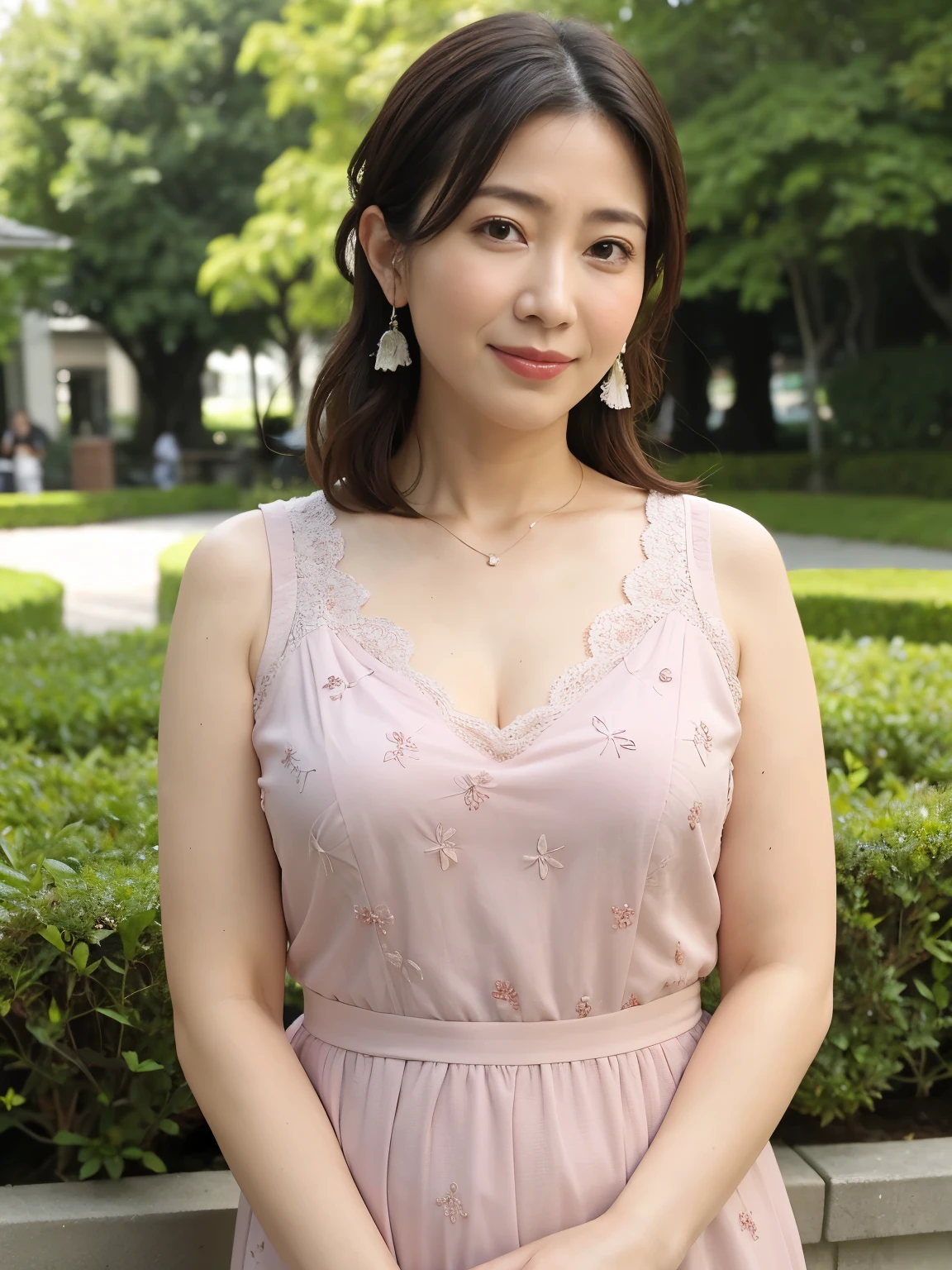 Top quality, 8K, Masterpiece, Tatsuma, sharp focus, high quality, high resolution, detailed face, detailed eyes, thick lips, (looking at viewer), solo, beautiful woman, 48 years old, plump, beautifully groomed Hair, emphasize the chest, cleavage, sexy sheer colorful short dress, posture of turning around, afternoon in front of the garden in the park,