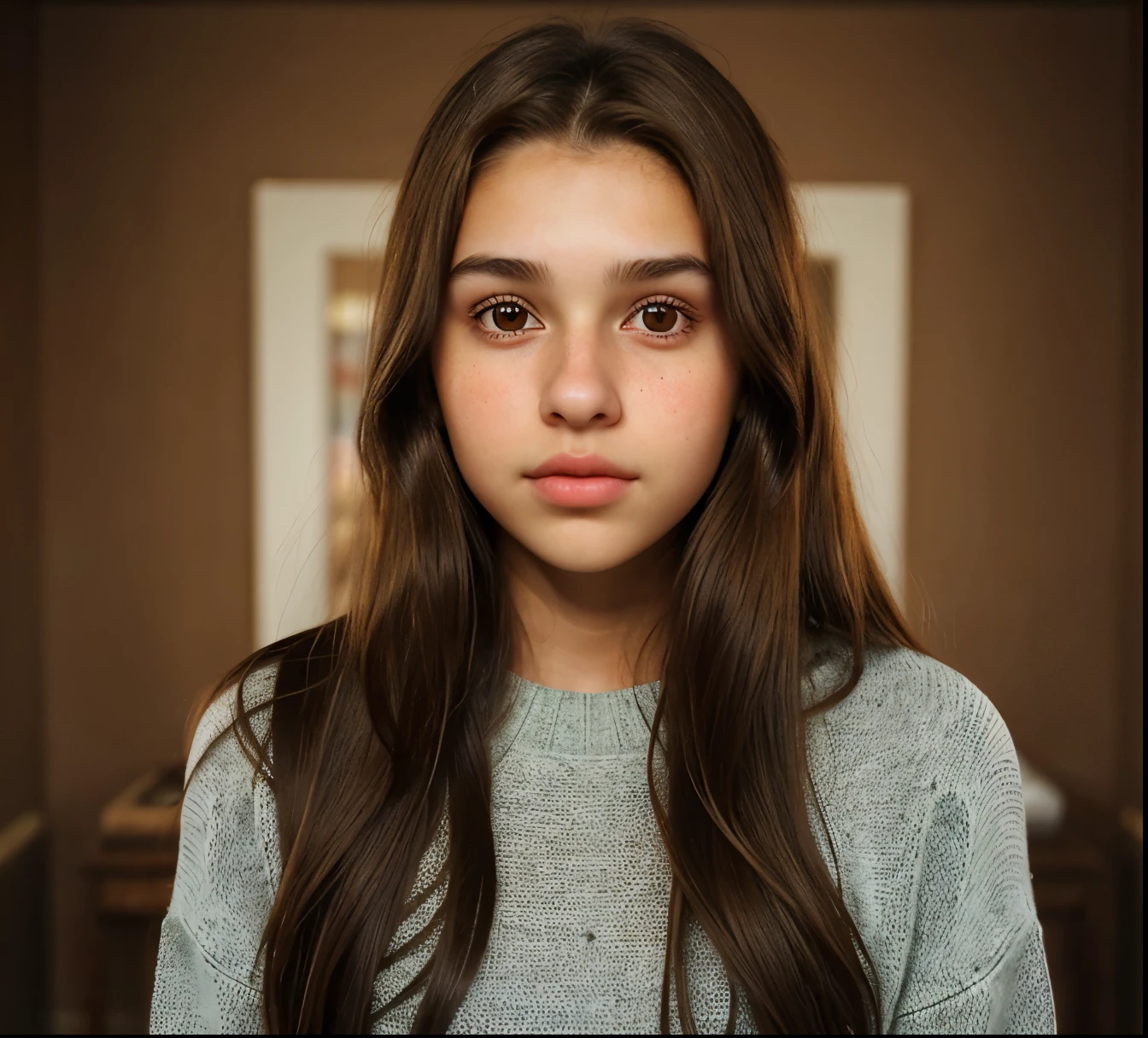 1Girl 18 years old, beautiful face, long brown hair, big , looking at viewer, brown eyes, full body framing, sweater, realistic full lips and nose flirting with the camera