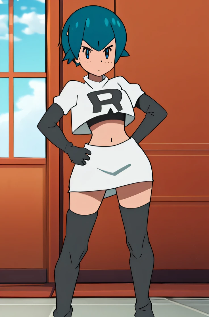 masterpiece, best quality, highres,team rocket uniform, red letter r, white skirt, white crop top, black thigh-high boots, black elbow gloves, glaring angrily, looking at viewer, hands on hips, full body seen, zettai ryouiki