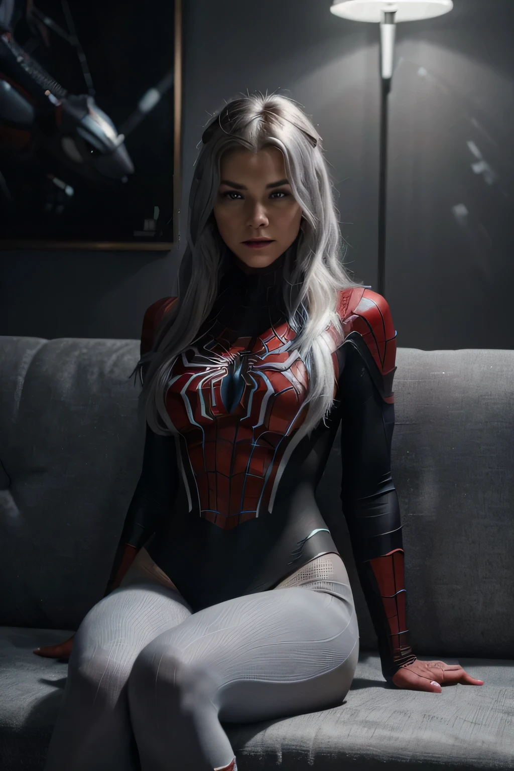 (Extreme Detail CG Unity 8K wallpaper, masterpiece, highest quality), (Exquisite lighting and shadow, highly dramatic picture, Cinematic lens effect), a girl in a white Spider-Man costume, silver gray hair color, from the Spider-Man parallel universe, Wenger, Marvel, Spider-Man, sitting on the couch, dynamic pose), (excellent detail, excellent lighting, wide angle), (excellent rendering, enough to stand out in its class), focus on white Spider-Man costumes, complex spider textures