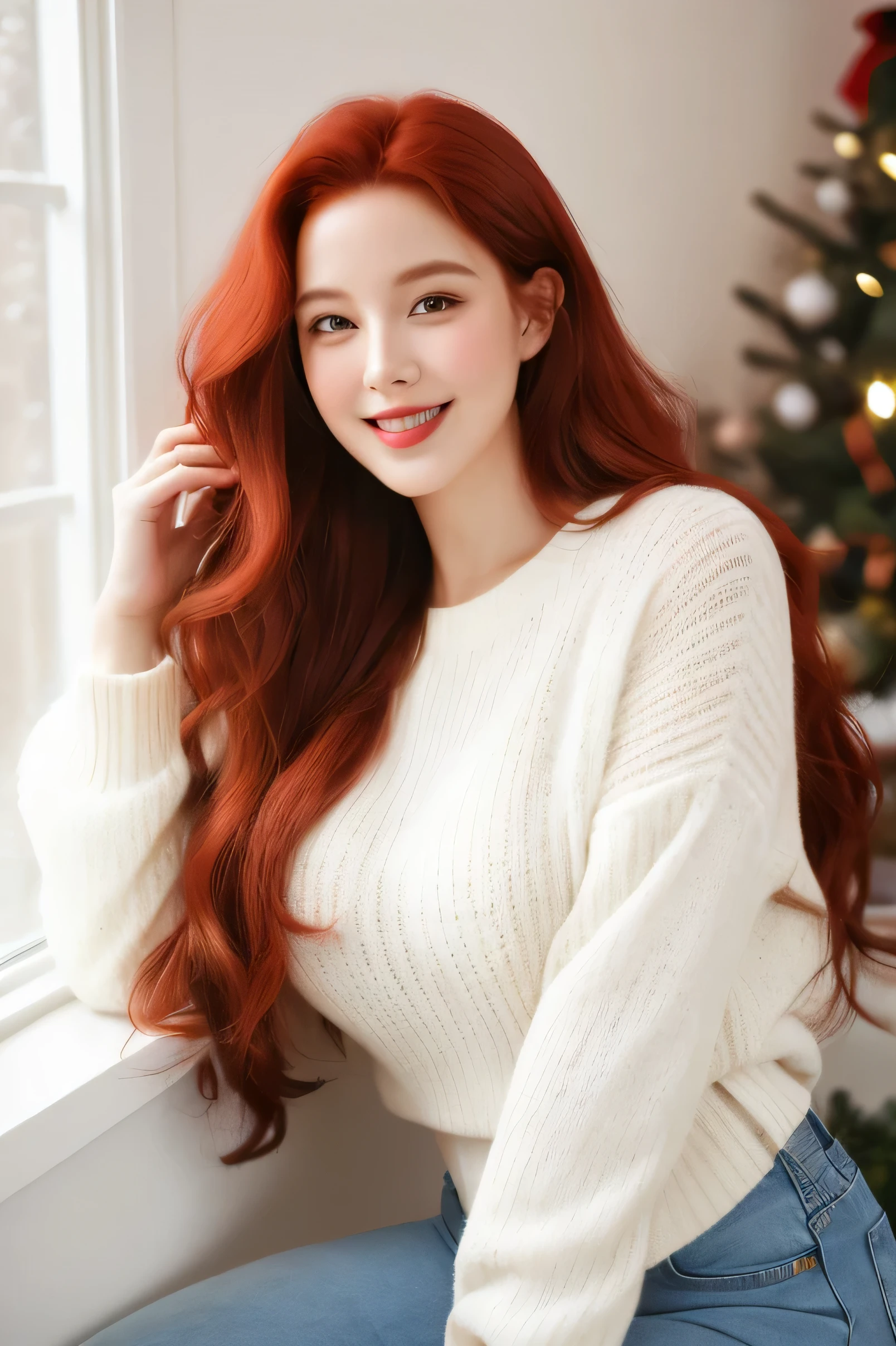 Uma mulher atraente com longo, cabelo ruivo ondulado e um rosto sorridente, jovial, Cabelo meio amarrado, curved, white sweater, jeans, Natal, hiper realista absurdo, foto crua, UltraHD 8K, alta qualidade, Film grain, (pele altamente detalhada:1.2)