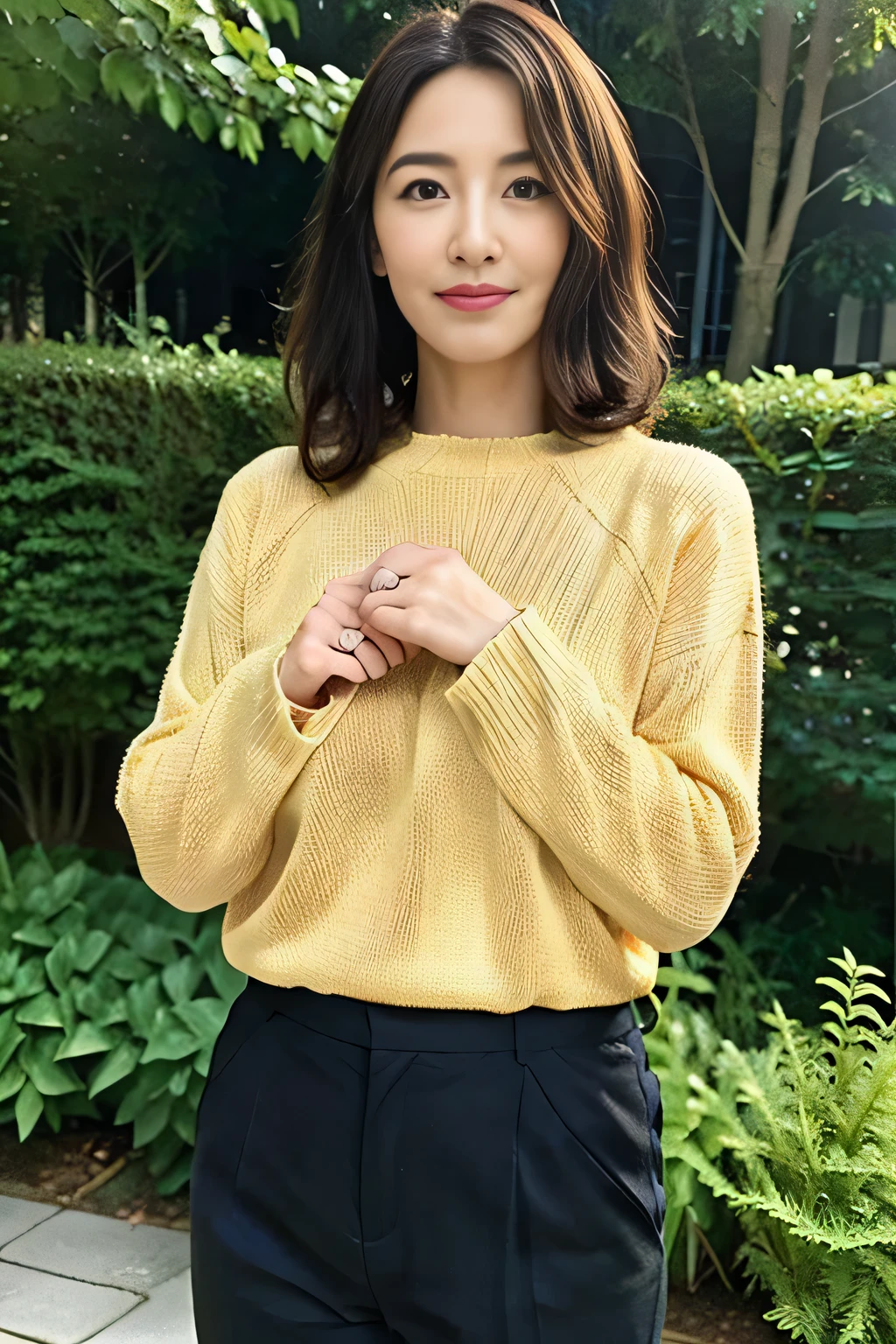 highest quality、masterpiece、ultra high resolution、(Photoreal:1.4)、japanese woman、48 years old female，wavy brunette hair、silk、yellow long sweater，lace pantyhose（huge breasts：1.4）、stand on one&#39;my feet：1.2，garden background，Slightly chubby body type：1.2，straight body，a little chubby face：1.2，wrinkles around the eyes，There are wrinkles at the corners of the mouth，（full body photo）