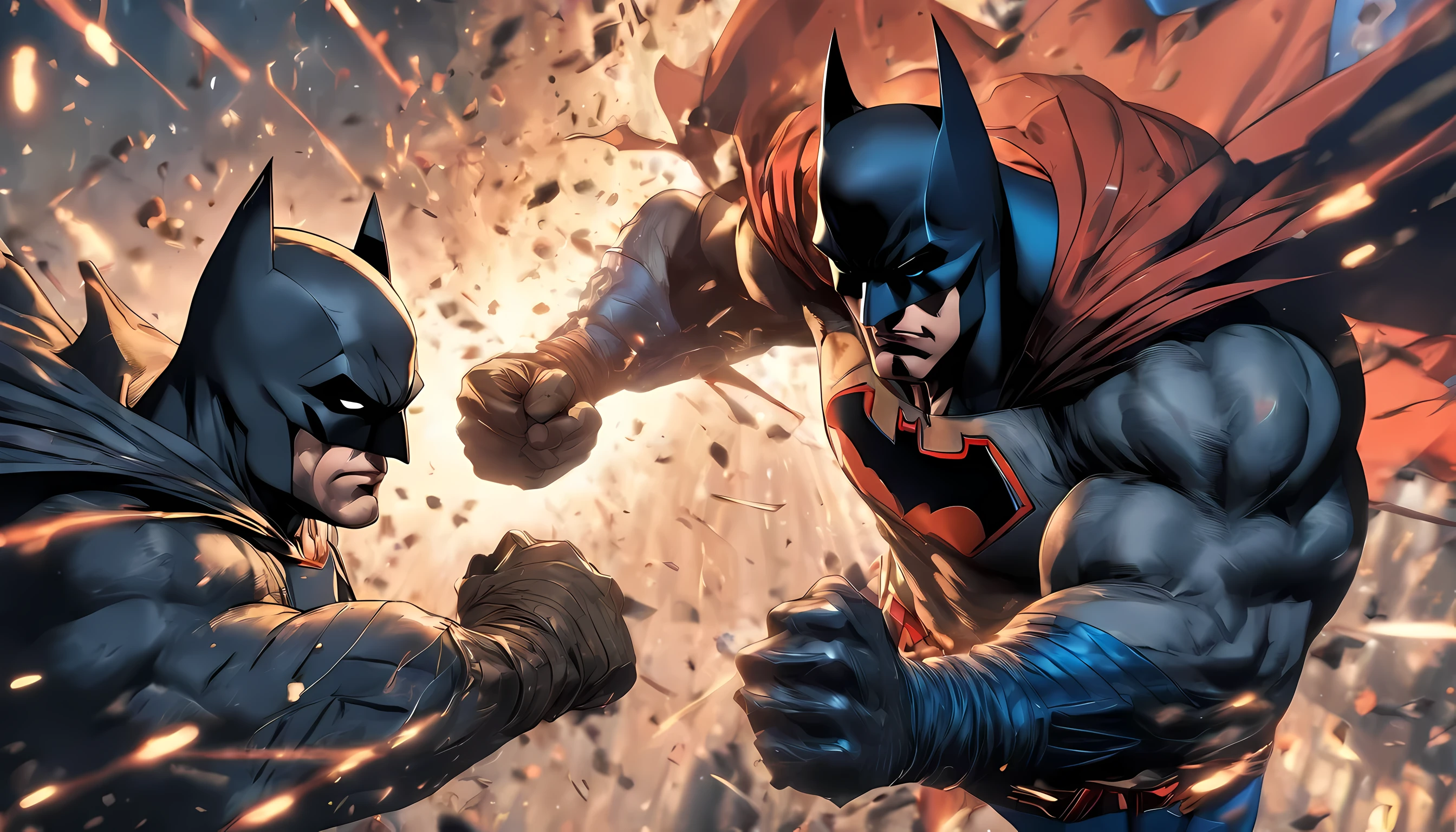 batman and superman beating each other, anger expression, crossed fist, cross punch, standing in front of each other, fighting pose, best fighting scene, best quality, ultra quality, absurd details, best light, best shadow, sharp, sharp picture, detailed face, detailed eyes, detailed hair, detailed, extremely detailed, great resolution, 8k, 4k, uhd, ray tracing, beautiful effects, image of (full body)