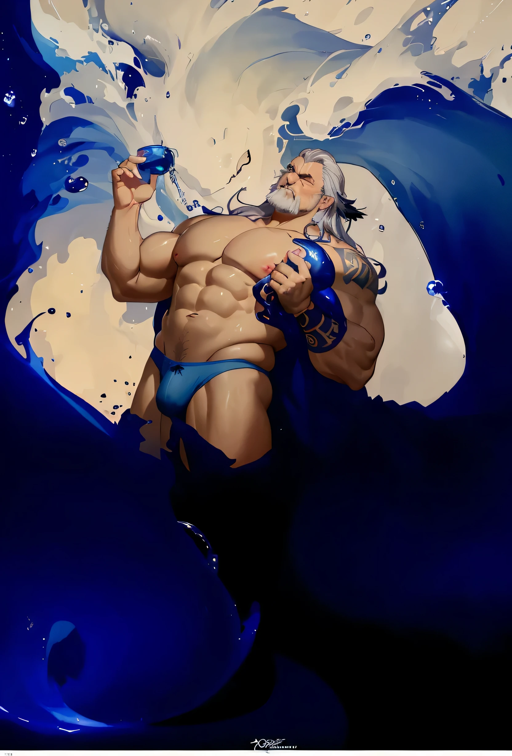 huge muscles,Anime style drawing of heavy old man, muscular, A handsome face,His face is a little haggard,A strong one, middle-aged man,Shirtless,Only one piece of underwear., WLOP Ross Lottery, PoseidonPoseidon, silver long hair,His left arm hangs limply, swallowed by mucus,rossdraws global illumination,Weakness of the left hand drooping, Poseidon, god concept art, Ross Painting 1. 0, Ross Painting 2. 5, wop and rostus, Ross Painting 2. 0, Rossdraws digital painting, Inspired by Ross Tran,Just need a pair of underwear,Dark blue slime covered his lower body,Poseidon, a strong person, Exudes masculinity,huge muscles,Extremely strong physique
