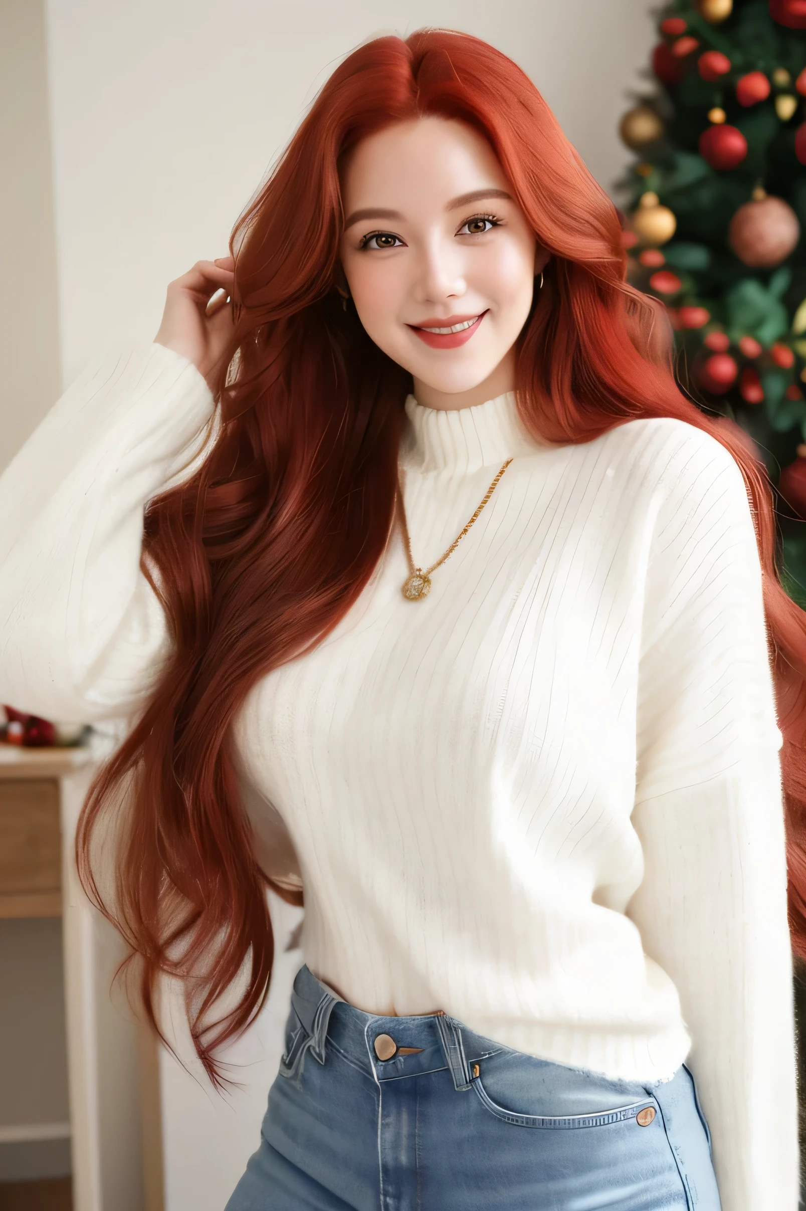 Uma mulher atraente com longo, cabelo ruivo ondulado e um rosto sorridente, jovial, Cabelo meio amarrado, curved, white sweater, jeans, Natal, hiper realista absurdo, foto crua, UltraHD 8K, alta qualidade, Film grain, (pele altamente detalhada:1.2)