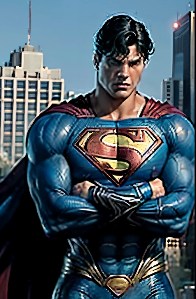 1boy, superman, abs, bara, black hair, blue bodysuit, blue eyes, bodysuit, cape, closed mouth, crossed arms, large pectorals, male focus, muscular, muscular male, pectoral lift, pectorals, red cape, short hair, outdoors, skyscrapers, solo, superhero, upper body , ((masterpiece))