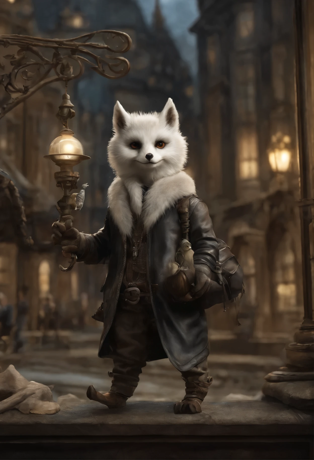 真实感, dark fantasy style, John Tolkien style, A small painting by Jean-Baptiste Monge, a fluffy owl girl with big breasts and big ears, looks like a arctic fox girl, in a short black leather jacket ....., Jeans, Stands next to a motorcycle, City, metropolis, city trail, big house, glass skyscraper Jean-Baptiste Monge, anthropomorphic -AR 2:3 -test -optimistic; 2400:4500