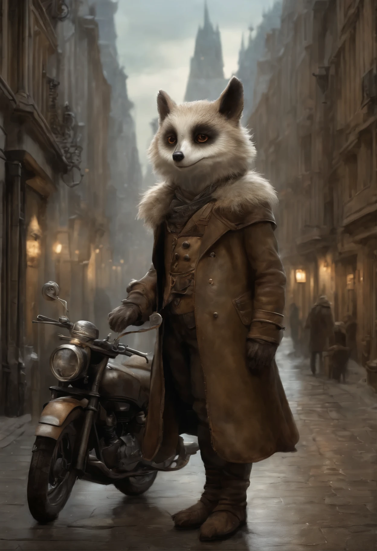 真实感, dark fantasy style, John Tolkien style, A small painting by Jean-Baptiste Monge, a fluffy owl girl with big breasts and big ears, looks like a arctic fox girl, in a short black leather jacket ....., Jeans, Stands next to a motorcycle, City, metropolis, city trail, big house, glass skyscraper Jean-Baptiste Monge, anthropomorphic -AR 2:3 -test -optimistic; 2400:4500