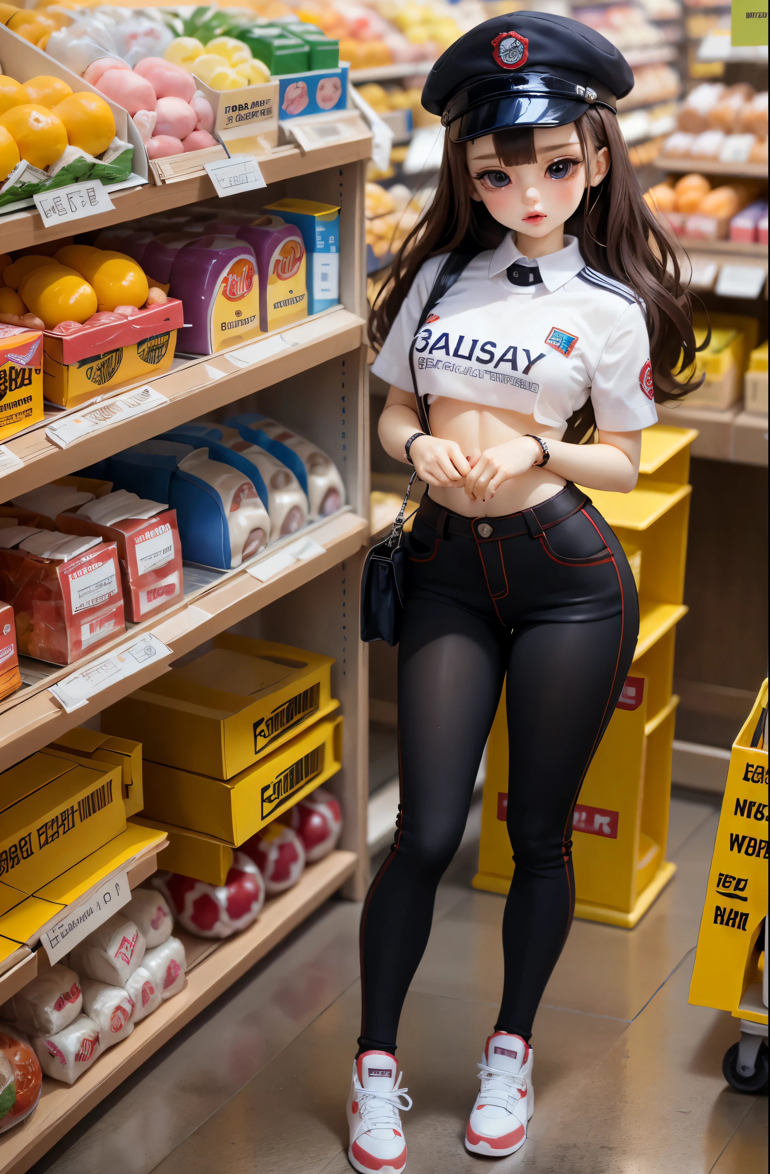 Beautiful and cute ball joy doll.., Wearing a JK uniform, Charming poses, in the supermarket cart.