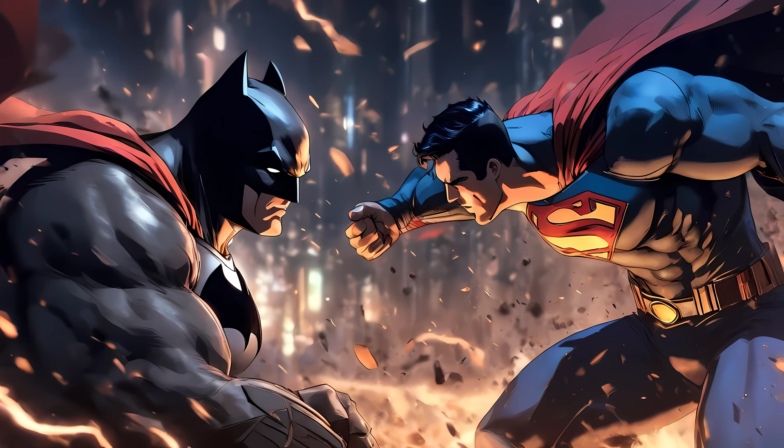 batman vs superman beating each other, anger expression, crossed fist, cross punch, standing in front of each other, fighting pose, best fighting scene, best quality, ultra quality, absurd details, best light, best shadow, sharp, sharp picture, detailed face, detailed eyes, detailed hair, detailed, extremely detailed, great resolution, 8k, 4k, uhd, ray tracing, beautiful effects, image of (full body)