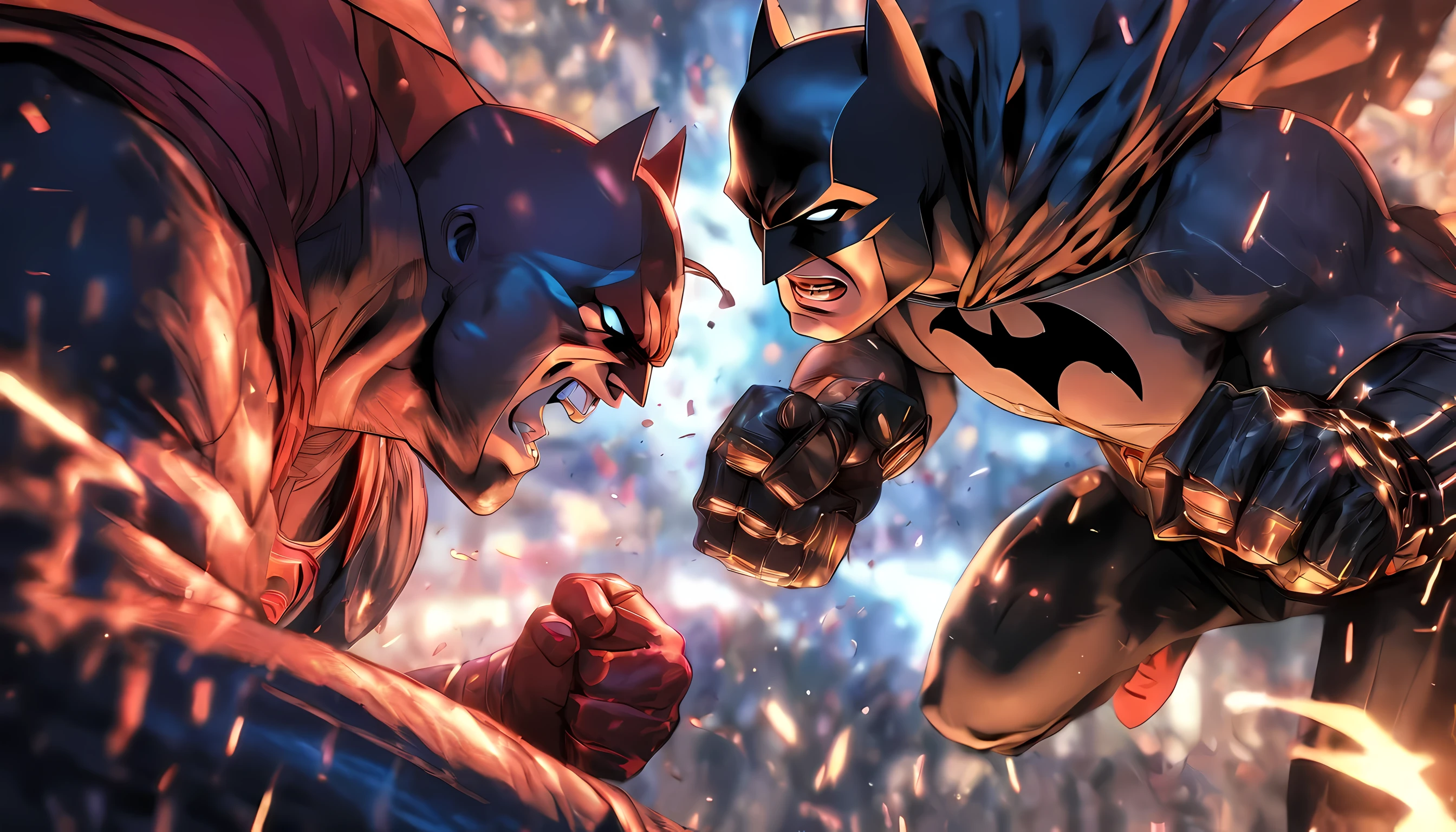 batman vs superman beating each other, anger expression, crossed fist, cross punch, standing in front of each other, fighting pose, best fighting scene, best quality, ultra quality, absurd details, best light, best shadow, sharp, sharp picture, detailed face, detailed eyes, detailed hair, detailed, extremely detailed, great resolution, 8k, 4k, uhd, ray tracing, beautiful effects, image of (full body)
