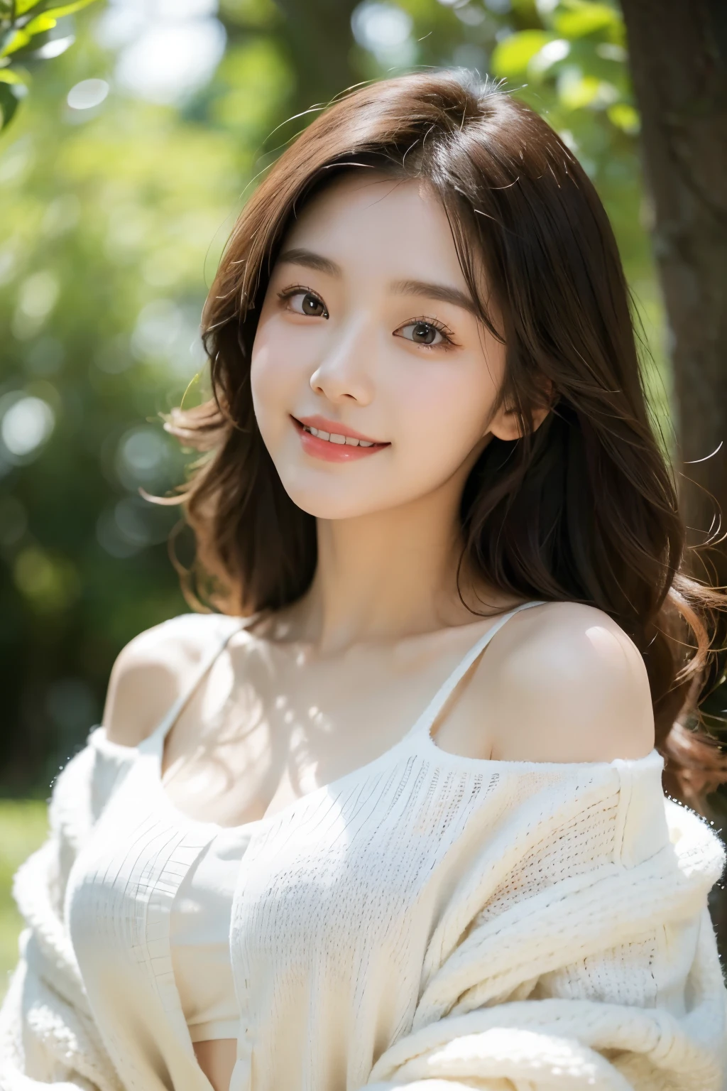 A pure and sweet Korean girl, her skin is flawless and white, her eyes are captivating and deep, her face is exquisitely beautiful. Her lips curve into a charming smile, revealing a delightful grin. Her brown hair is naturally curly and soft, cascading over her shoulders. She wears a white sweater with a cut-out design, revealing a hint of her chest, adding to her allure. The bright sunshine illuminates her, bathing her in a golden glow. The background is柔和自然, blending her into nature. This is a vibrant and warm portrait.